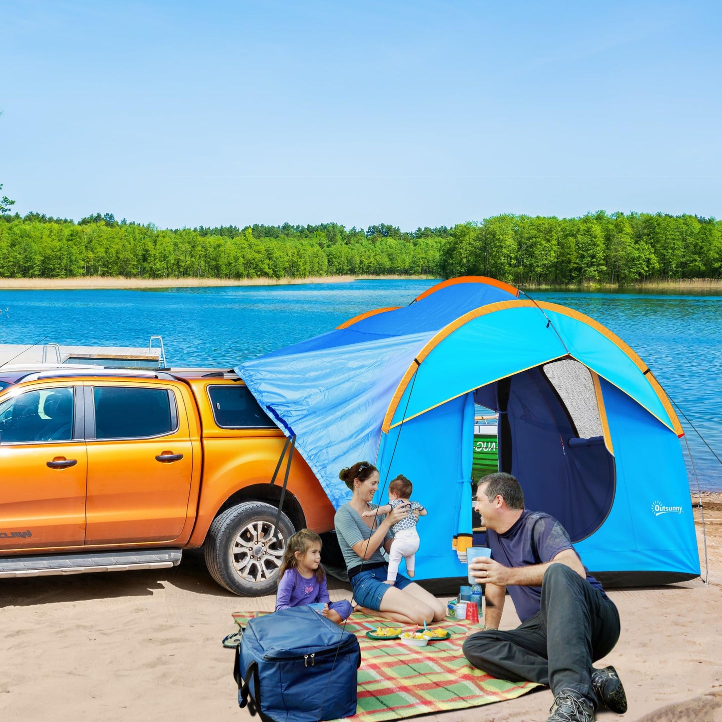 Outsunny 5-6 Personas Familia Hatchback Coche Tienda de campaña SUV con 3 Puertas y Ventana de Malla, para Trekking, Camping y Senderismo, Azul y Naranja