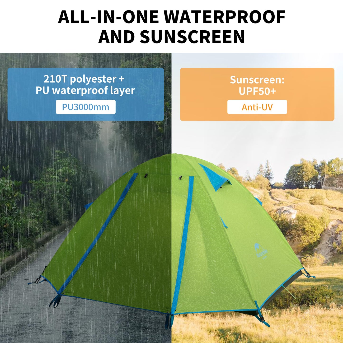 Naturehike Professional Series Tienda 3 Personas Camping Impermeable Ultra Ligera 3-4 Estaciones PU3000mm 2.1kg Paquete Compacto Senderismo Ciclismo Actividades Exteriores Verde