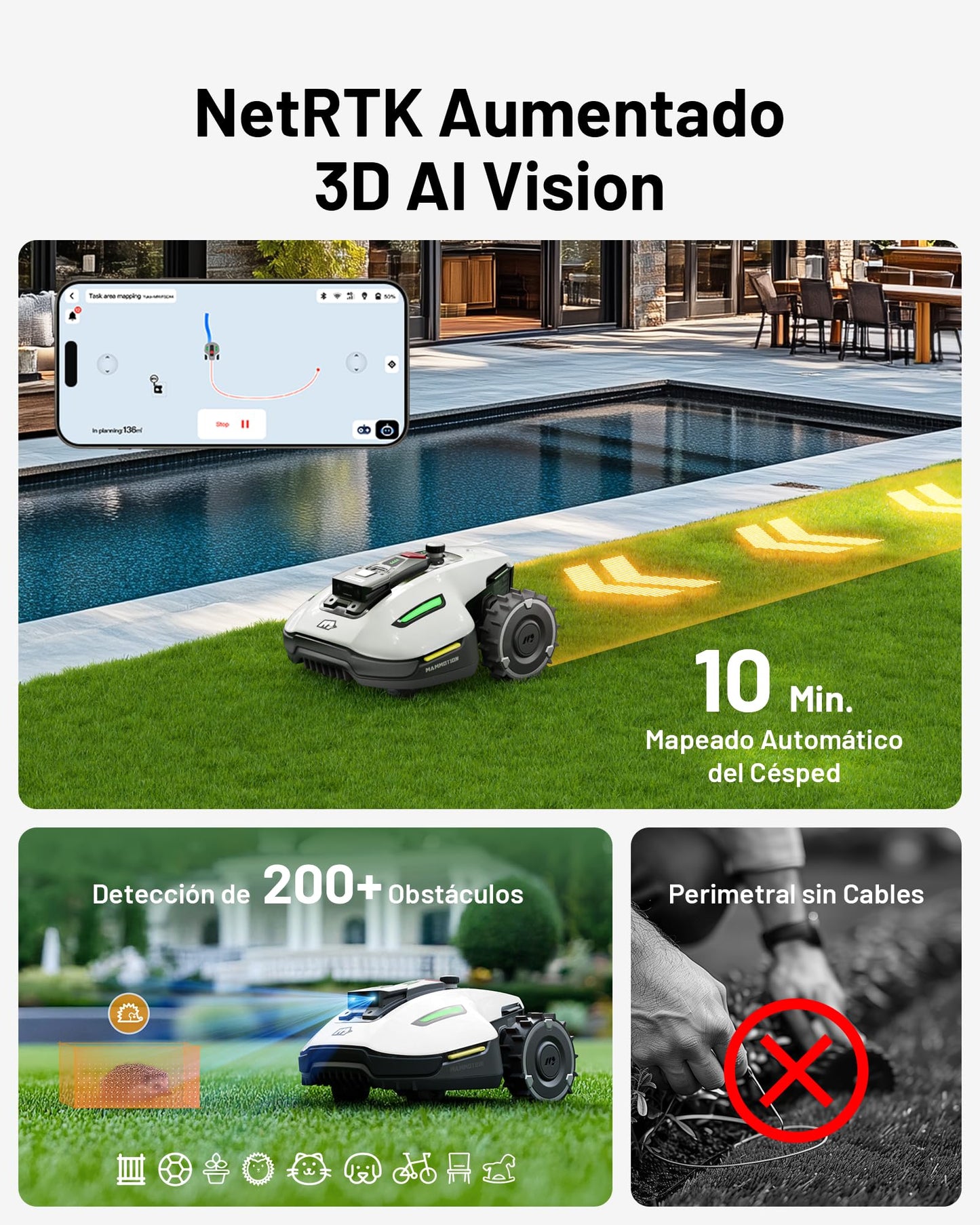MAMMOTION YUKA Mini 500 Robot Cortacésped Perimetral sin Cables, Recomendado 500m², MAX. 700m², Auto Mapping Visión 3D AI, 50% Pendiente, 5 Cuchillas Pivotantes, con Módulo 4G