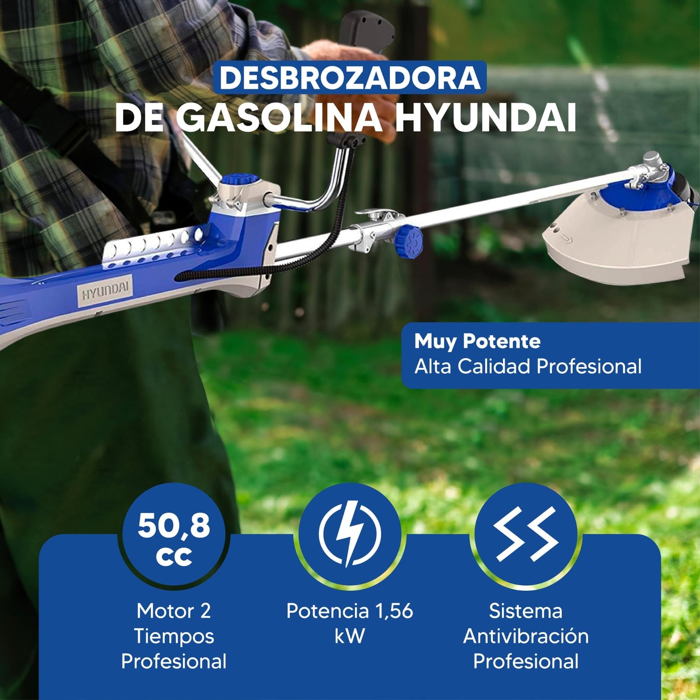 Hyundai Desbrozadora Gasolina Profesional Alta Potencia para Césped Denso - Cortacésped a Gasolina con Sistema Antivibración para Mayor Comodidad - Desbrozadora 2 Tiempos para Jardinería Eficiente
