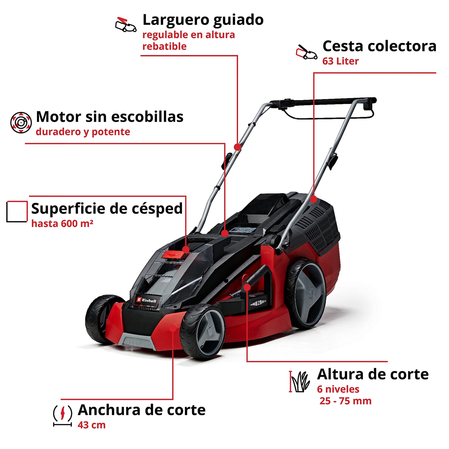 Einhell Cortacésped GE-CM 43 Li M Kit Power X-Change (36V, 43 cm ancho de corte, hasta 600 m², Brushless, función de mulching, 63L bolsa recolectora, con 2x 4,0 Ah baterías y 2x cargadores)