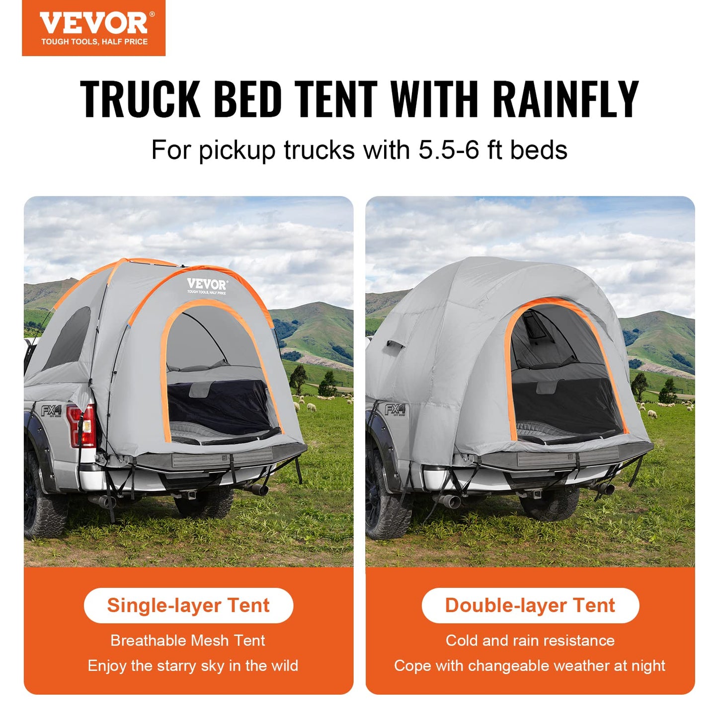 VEVOR Tienda de Campaña para Camioneta 160x165x170 cm con Capa de Lluvia y Bolsa de Transporte Tienda de camión de Doble Capa PU2000mm Impermeable para 2-3 Personas, para Acampar Viajar al Aire Libre