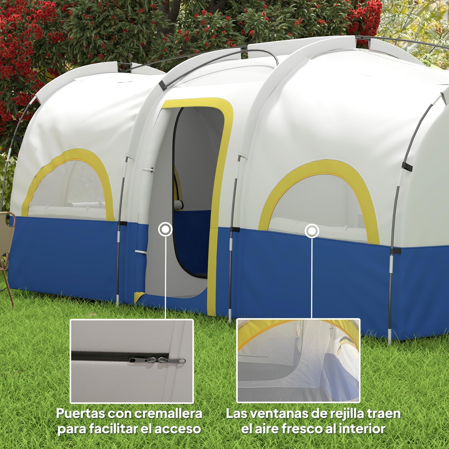 Outsunny Tienda de Campaña Familiar Tipo Túnel para de 4-6 Personas Impermeable 3000 mm Tienda de Camping Plegable con 2 Dormitorios Bolsa para Senderismo 435x251x195 cm Azul y Blanco