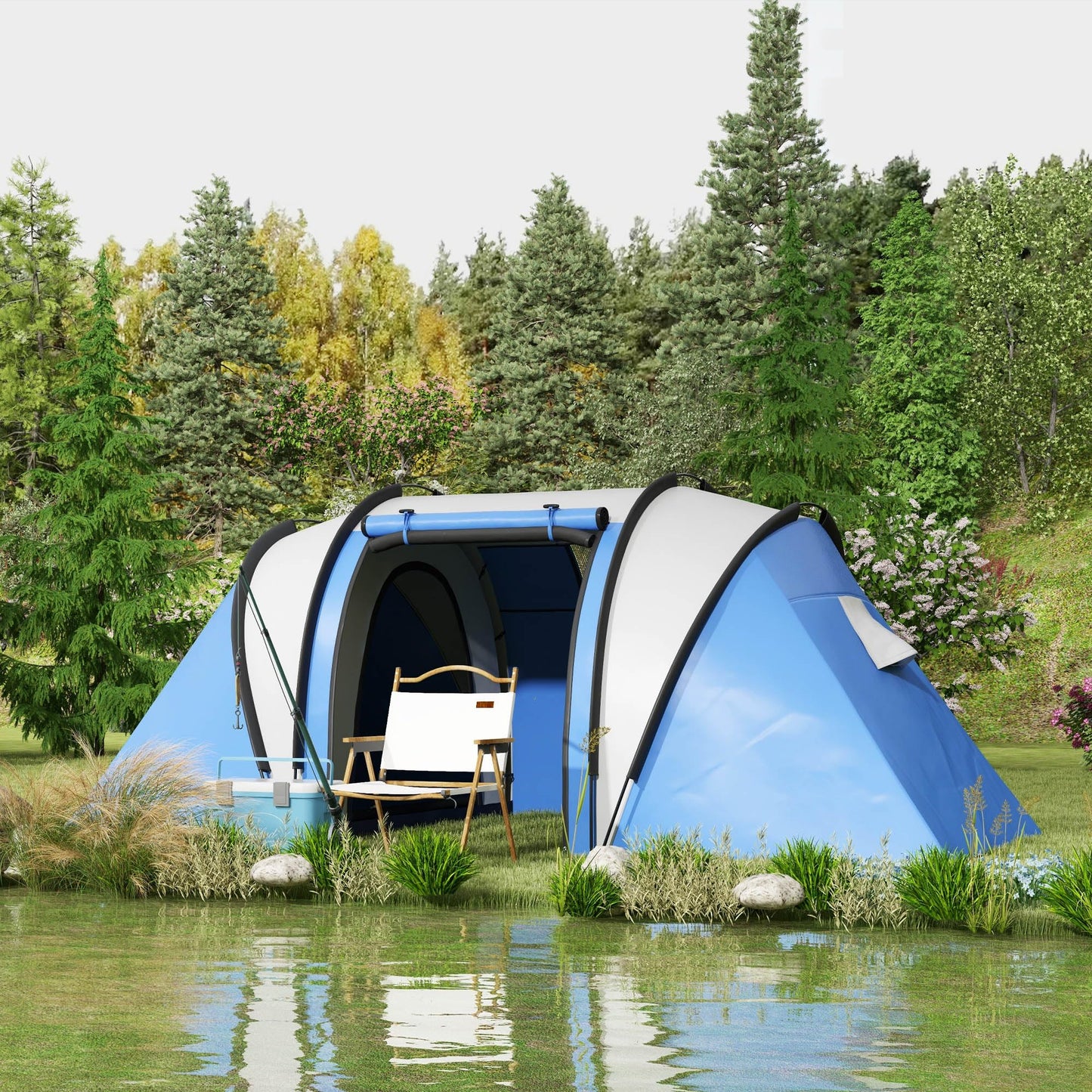Outsunny Tienda de Campaña Familiar para 4-5 Personas Tienda de Acampada de Túnel Impermeable 3000 mm con 2 Dormitorios Bolsa de Transporte y Gancho para Pescar Senderismo Azul