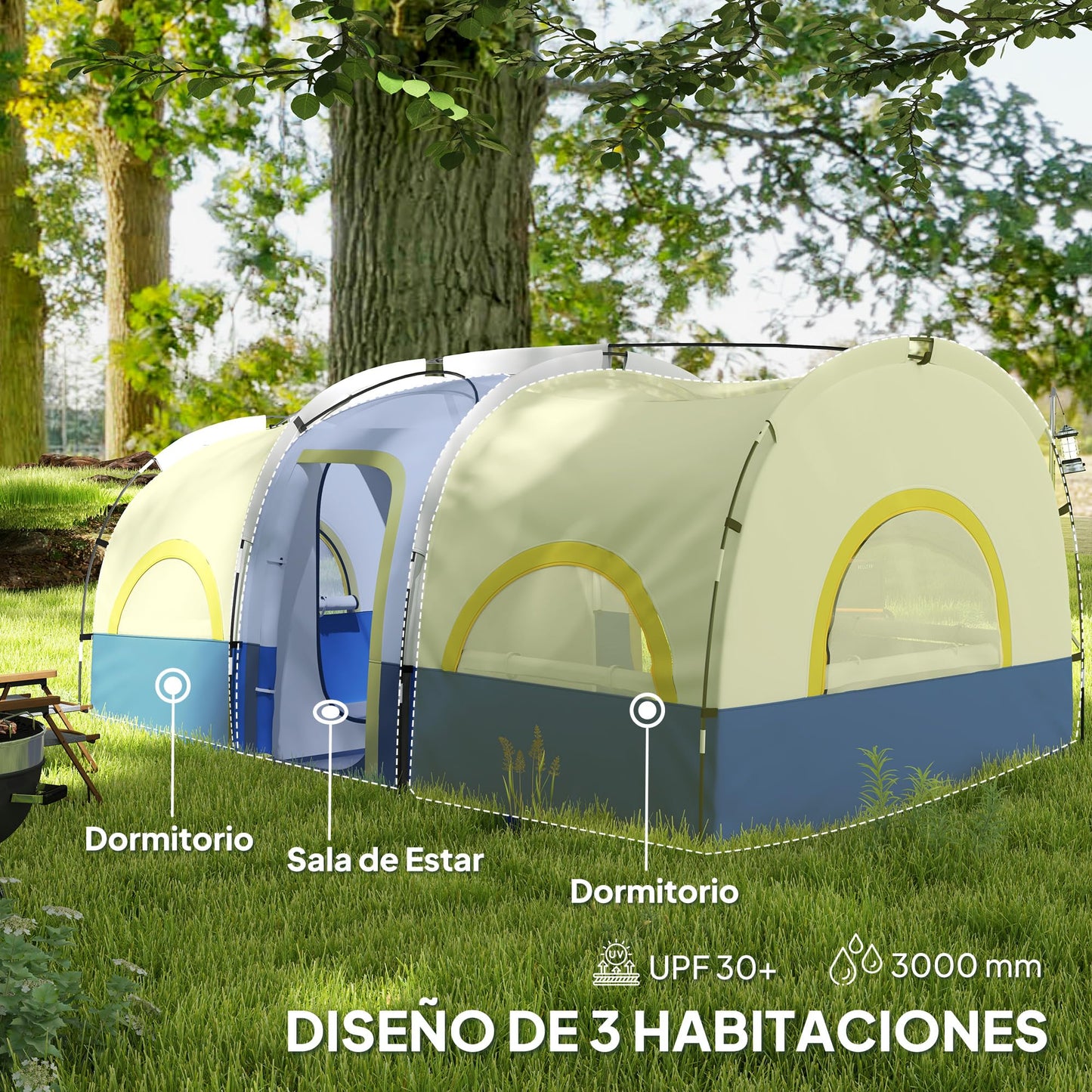Outsunny Tienda de Campaña Familiar Tipo Túnel para de 4-6 Personas Impermeable 3000 mm Tienda de Camping Plegable con 2 Dormitorios Bolsa para Senderismo 435x251x195 cm Azul y Blanco