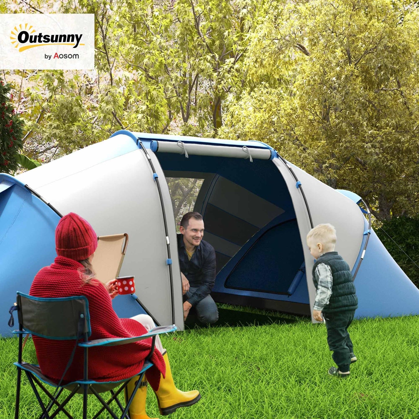 Outsunny Tienda de Campaña Familiar para 4-6 Personas Tienda Camping Plegable Ligero con Bolsa de Transporte Impermeable para Playa Parque Senderismo 430x240x170 cm Azul y Blanco