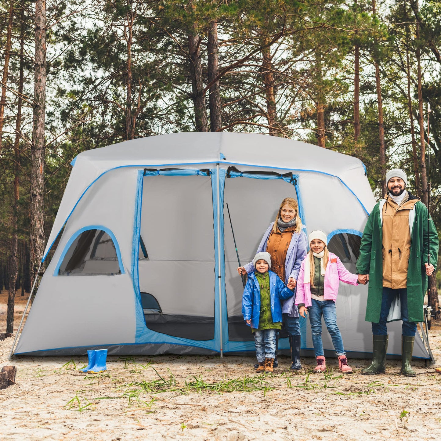 Outsunny Tienda de Campaña Familiar para 4-8 Personas con 2 Dormitorios Tienda de Camping Grande con 2 Bolsillos y Ventanas con Malla Impermeable 400x275x210 cm Gris y Azul Claro