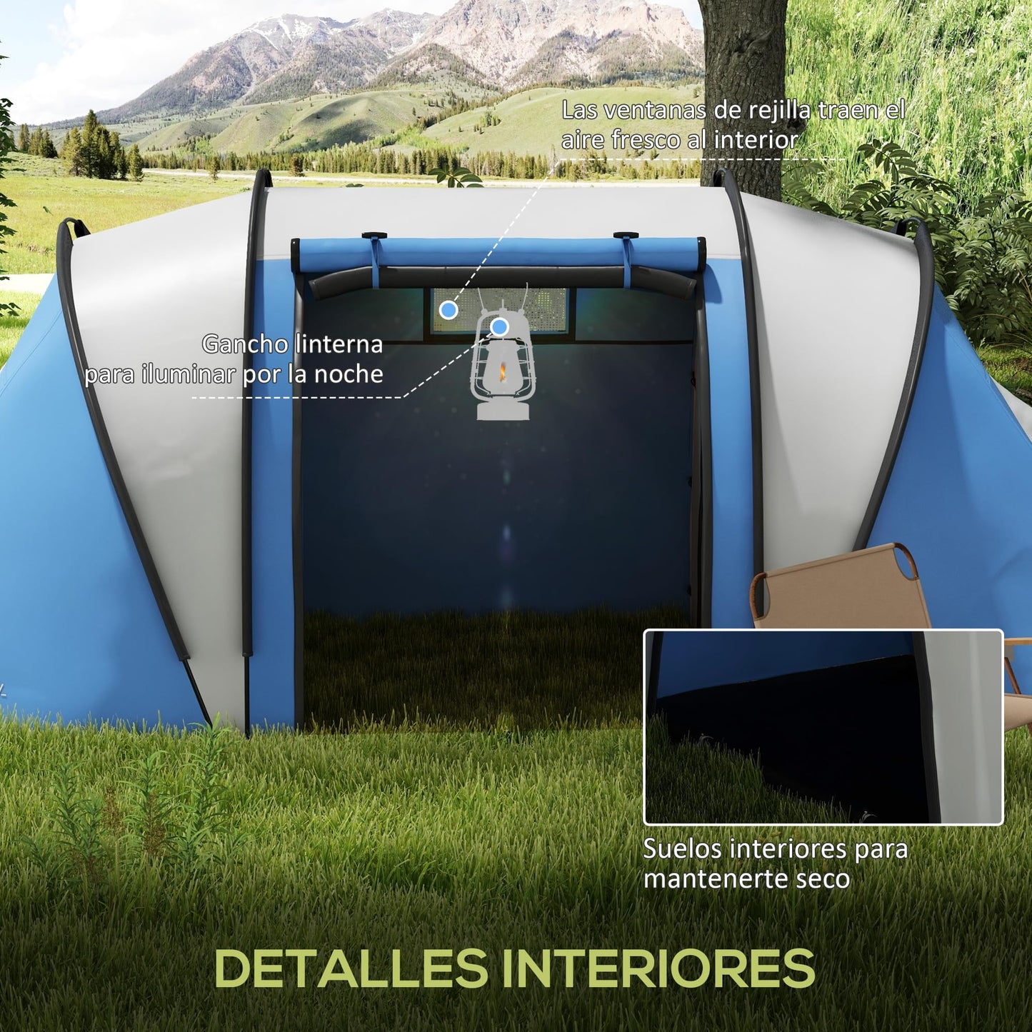 Outsunny Tienda de Campaña Familiar para 4-5 Personas Tienda de Acampada de Túnel Impermeable 3000 mm con 2 Dormitorios Bolsa de Transporte y Gancho para Pescar Senderismo Azul