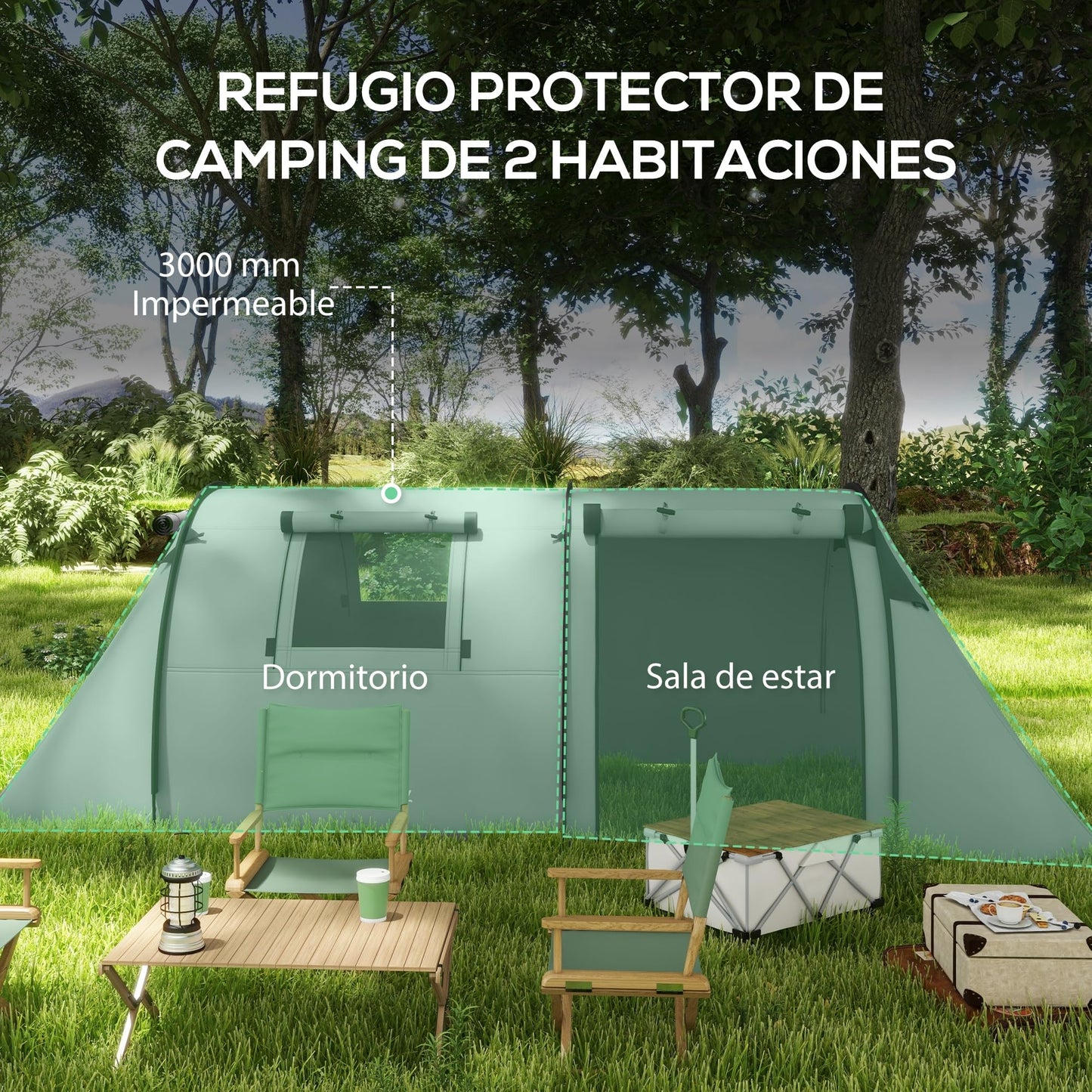 Outsunny Tienda de Campaña Familiar para 3 Personas Tienda Camping Plegable Ligera con Puertas Ventallas Gancho Bolsa de Transporte Impermeable 3000 mm para Playa Senderismo 470x220x150 cm Gris
