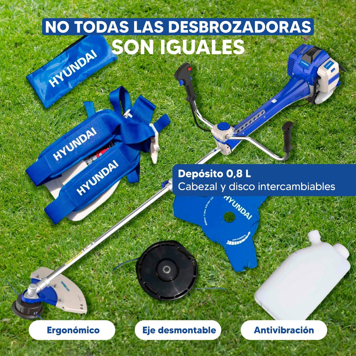 Hyundai Desbrozadora Gasolina Profesional Alta Potencia para Césped Denso - Cortacésped a Gasolina con Sistema Antivibración para Mayor Comodidad - Desbrozadora 2 Tiempos para Jardinería Eficiente