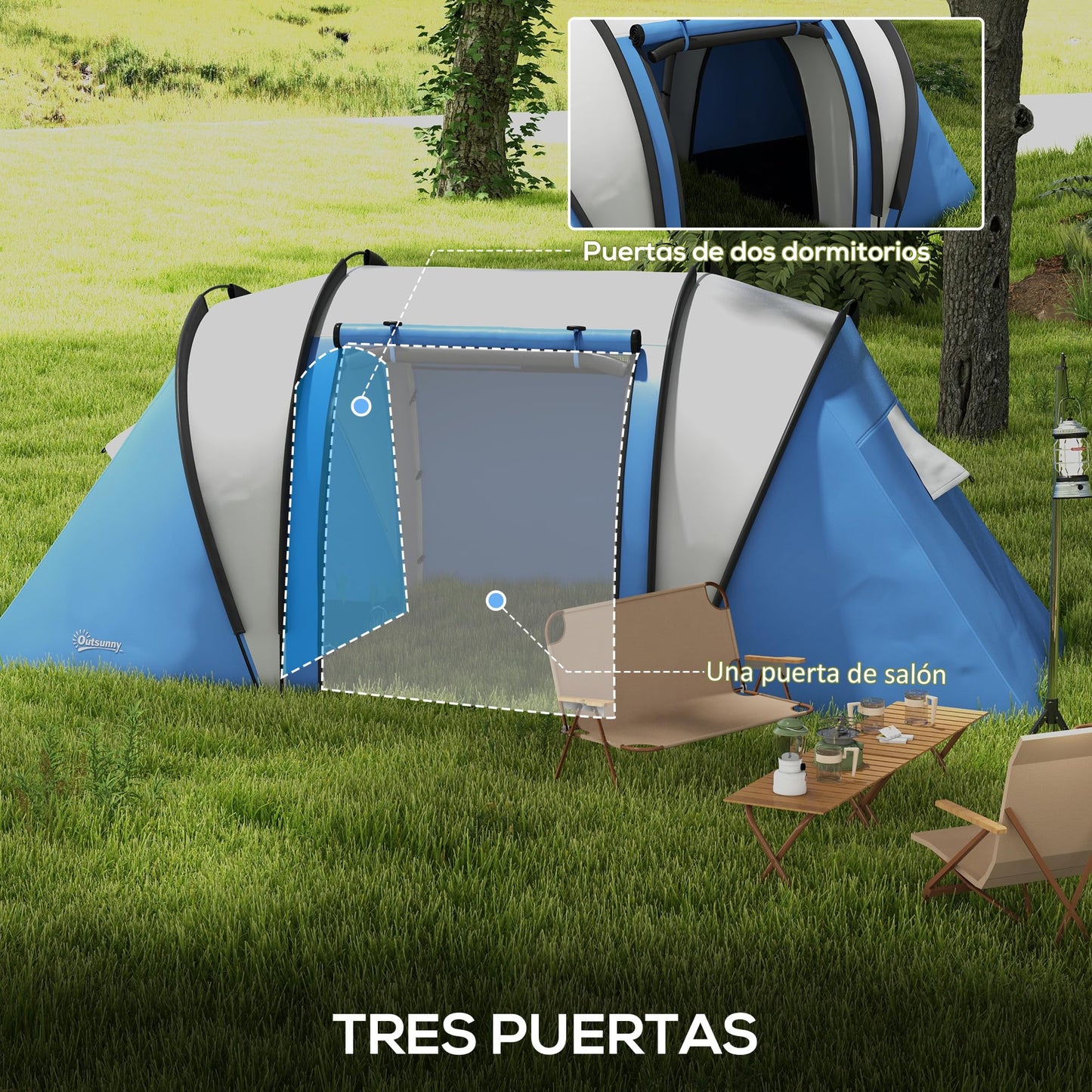 Outsunny Tienda de Campaña Familiar para 4-5 Personas Tienda de Acampada de Túnel Impermeable 3000 mm con 2 Dormitorios Bolsa de Transporte y Gancho para Pescar Senderismo Azul