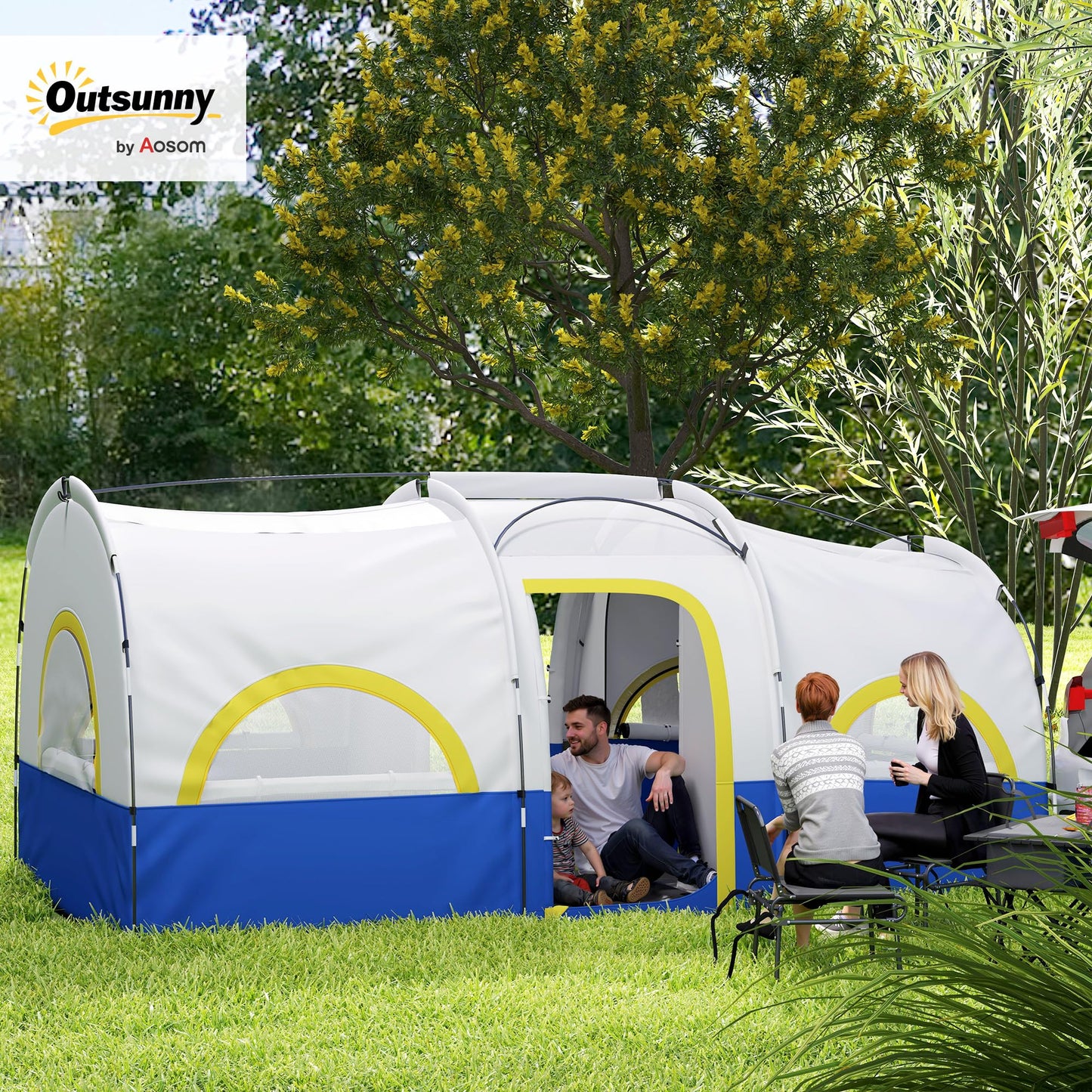 Outsunny Tienda de Campaña Familiar Tipo Túnel para de 4-6 Personas Impermeable 3000 mm Tienda de Camping Plegable con 2 Dormitorios Bolsa para Senderismo 435x251x195 cm Azul y Blanco