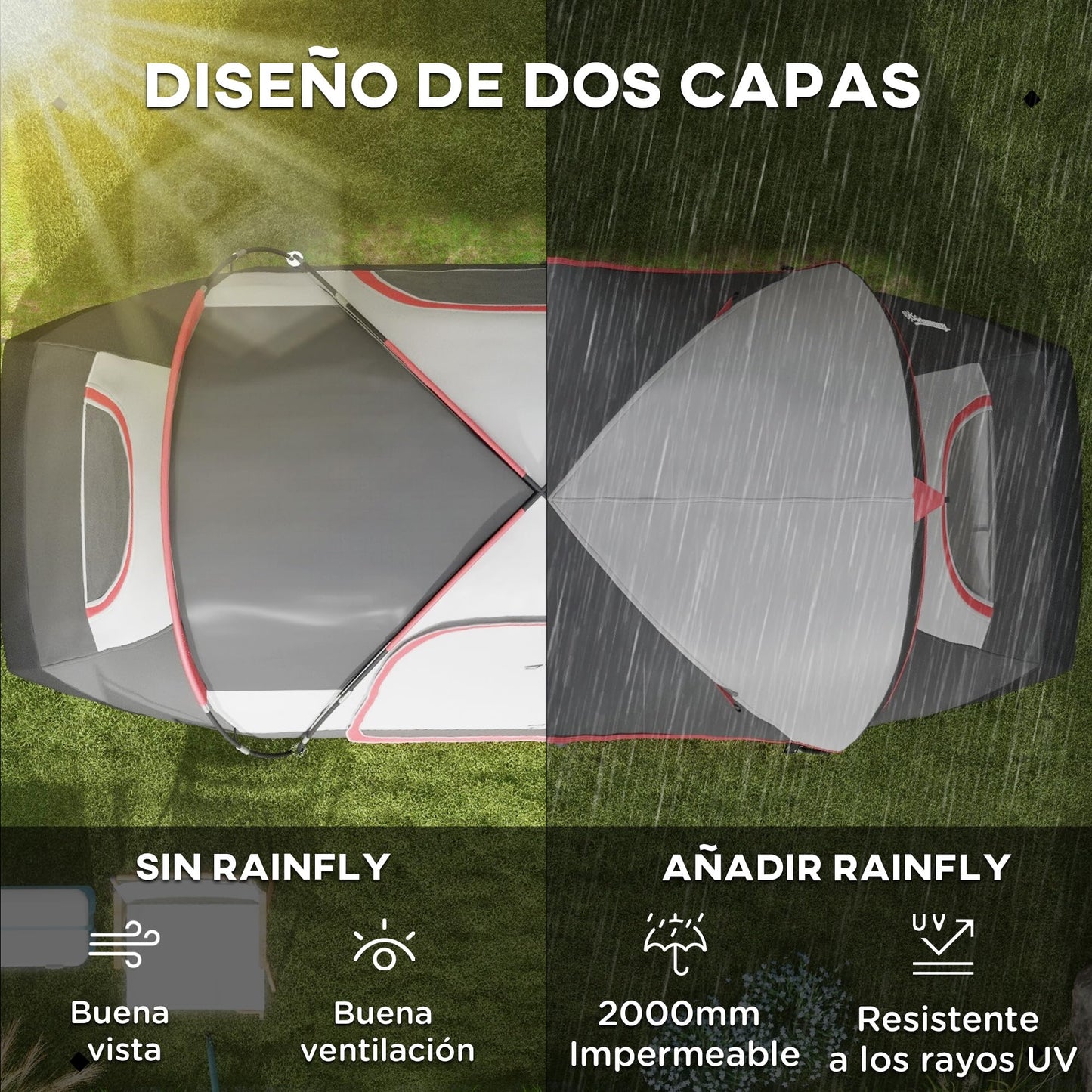 Outsunny Tienda de Campaña Familiar para 6-8 Personas Tienda de Camping Plegable con 2 Habitaciones y Bolsa de Transporte Impermeable para Senderismo 450x215x180 cm Gris