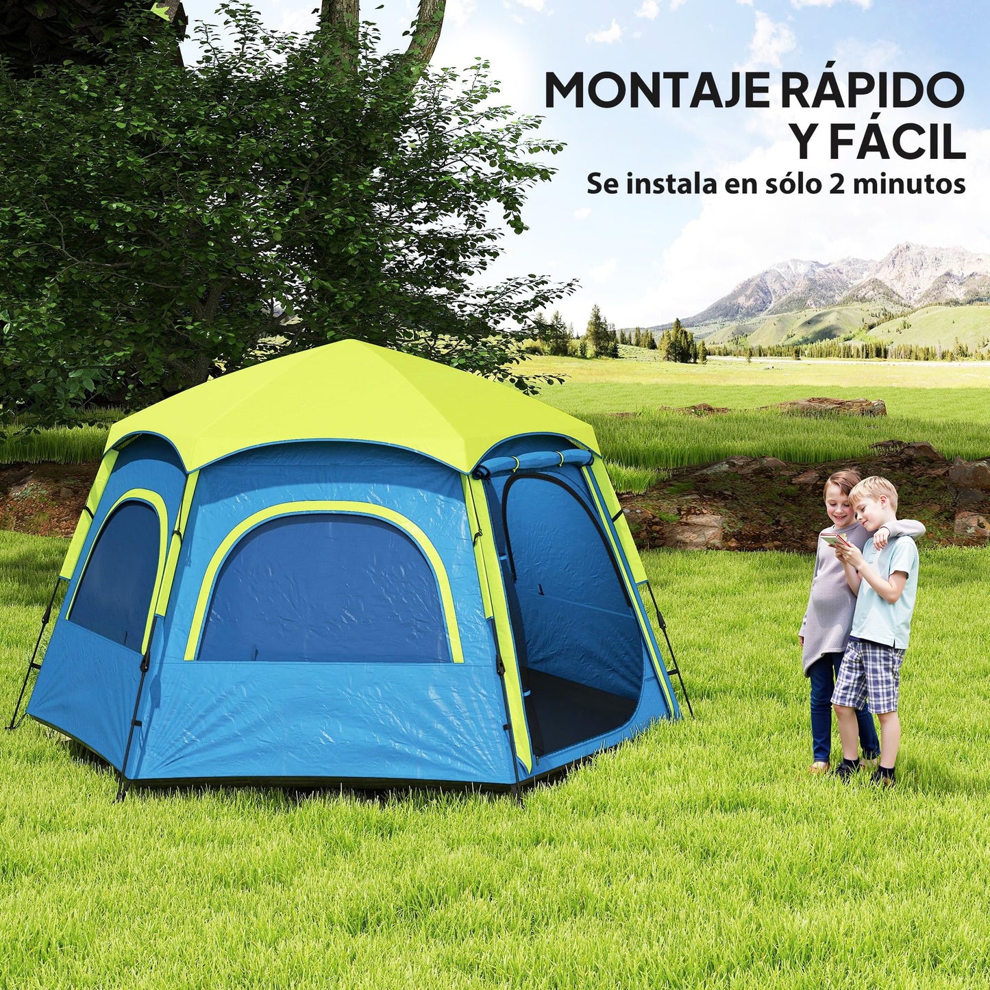 Outsunny Tienda de Campaña para 2-4 Personas Tienda de Camping Plegable con Fácil Instalación Ventanas de Malla Gancho y Bolsa de Transporte Protección UV Impermeable para Senderismo Azul y Verde