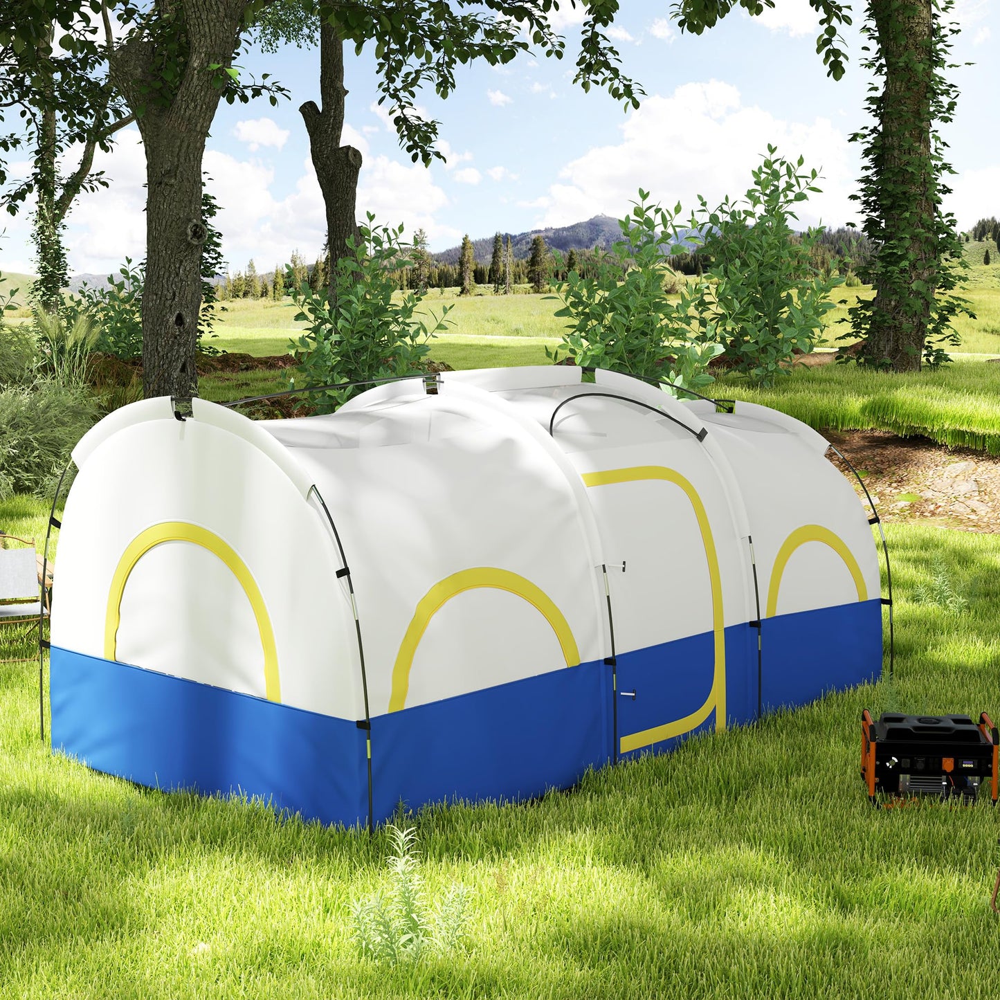 Outsunny Tienda de Campaña Familiar Tipo Túnel para de 4-6 Personas Impermeable 3000 mm Tienda de Camping Plegable con 2 Dormitorios Bolsa para Senderismo 435x251x195 cm Azul y Blanco