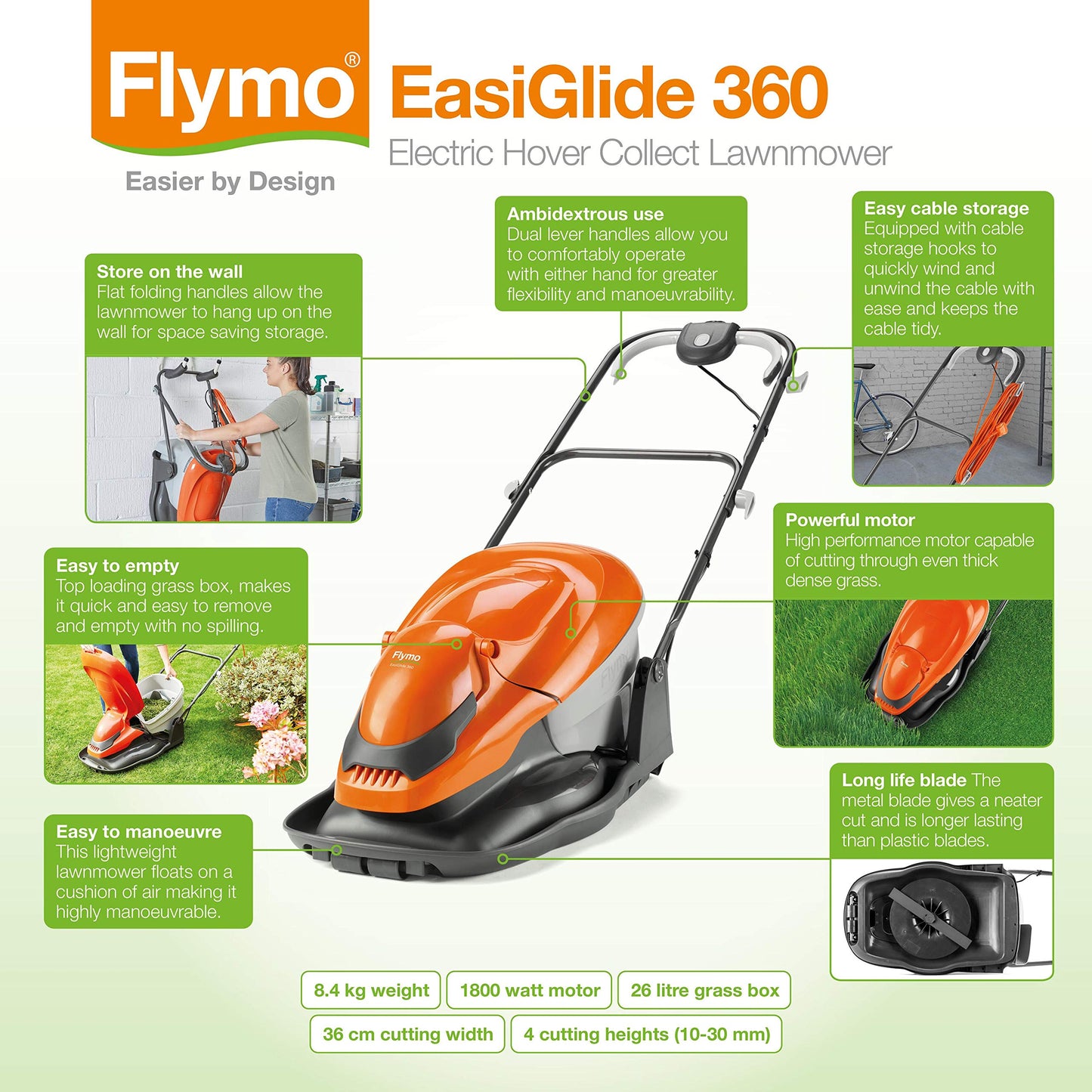 Flymo EasiGlide 360 Hover Collect - Cortacésped con Motor de 2000 W, Ancho de Corte de 36 cm, Caja de césped de 26 litros, se pliega Plano, Cable de 10 m, Naranja y Gris