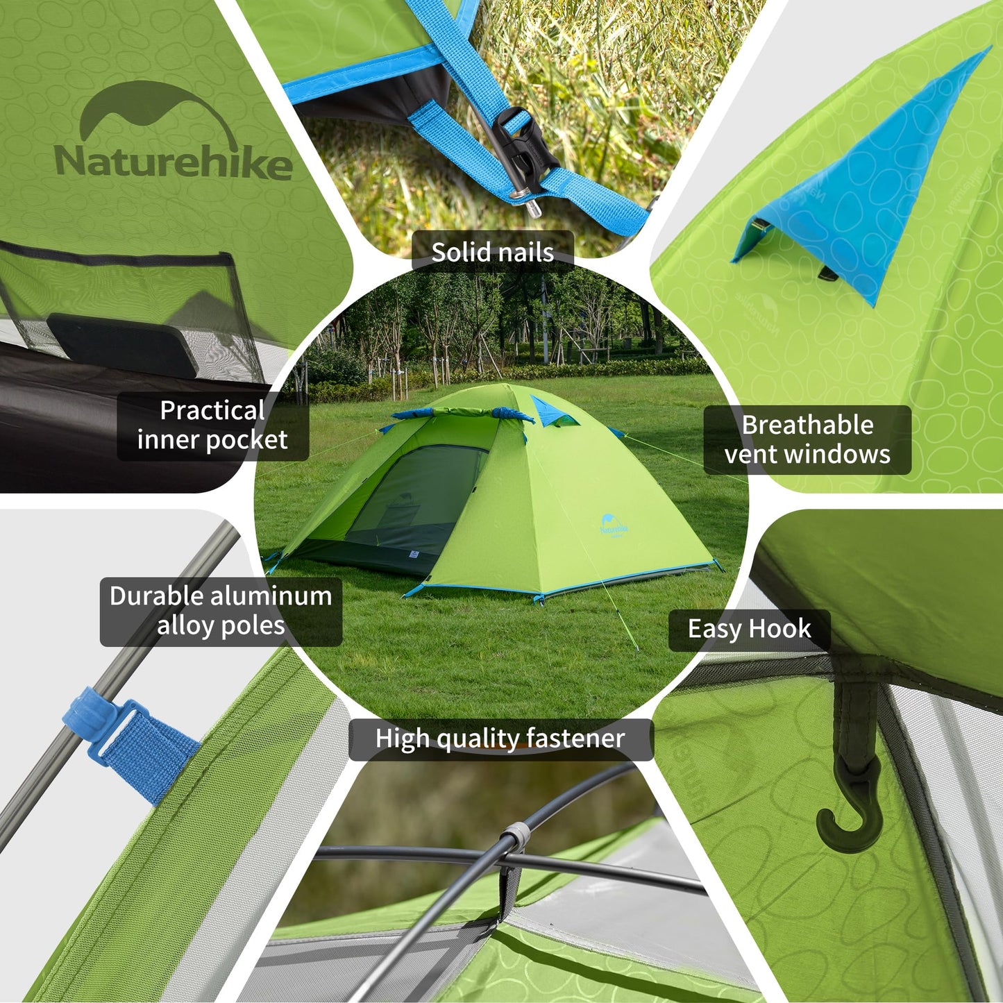 Naturehike Professional Series Tienda 3 Personas Camping Impermeable Ultra Ligera 3-4 Estaciones PU3000mm 2.1kg Paquete Compacto Senderismo Ciclismo Actividades Exteriores Verde