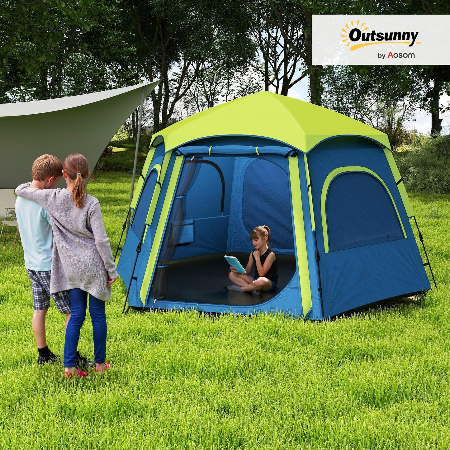 Outsunny Tienda de Campaña para 2-4 Personas Tienda de Camping Plegable con Fácil Instalación Ventanas de Malla Gancho y Bolsa de Transporte Protección UV Impermeable para Senderismo Azul y Verde