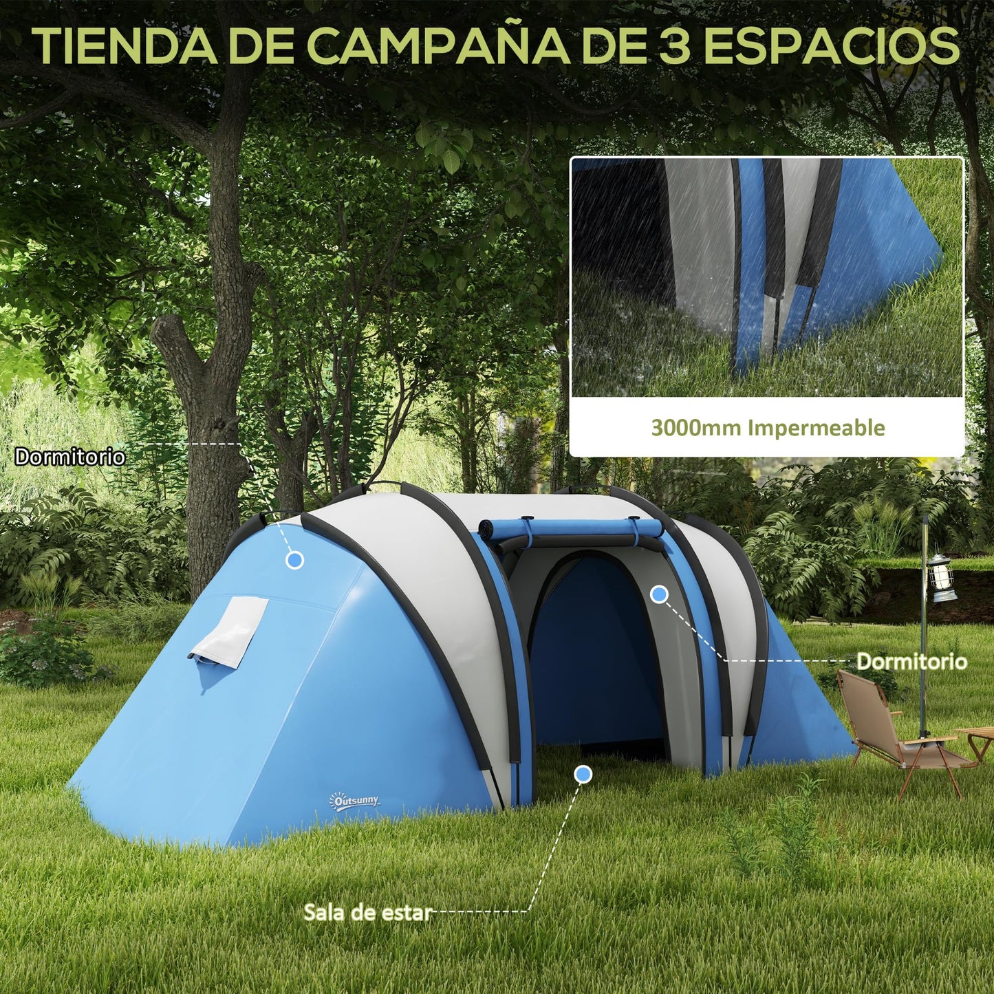 Outsunny Tienda de Campaña Familiar para 4-5 Personas Tienda de Acampada de Túnel Impermeable 3000 mm con 2 Dormitorios Bolsa de Transporte y Gancho para Pescar Senderismo Azul