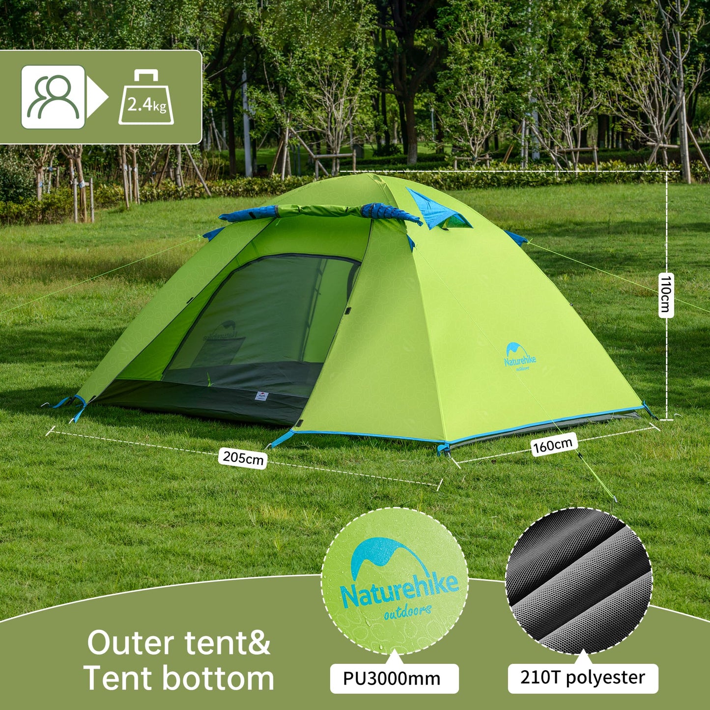 Naturehike Professional Series Tienda 3 Personas Camping Impermeable Ultra Ligera 3-4 Estaciones PU3000mm 2.1kg Paquete Compacto Senderismo Ciclismo Actividades Exteriores Verde