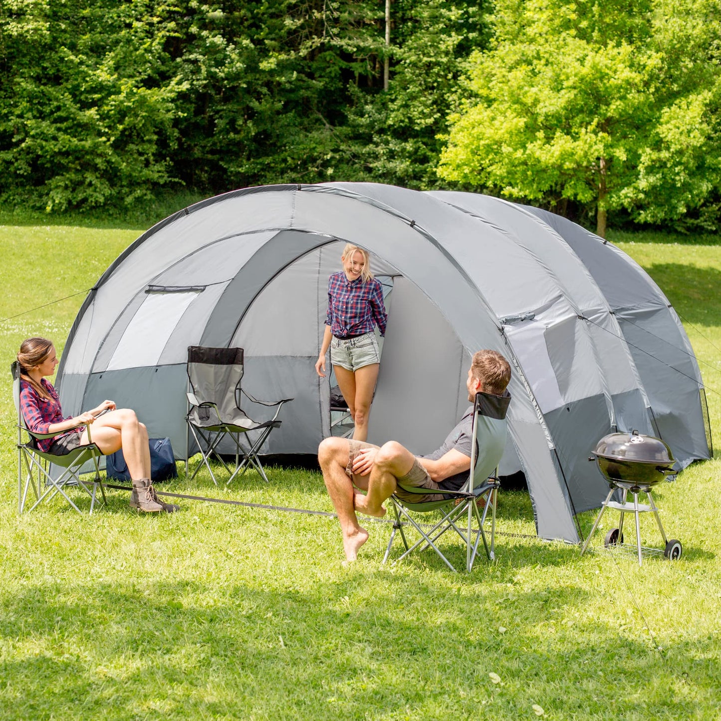 tectake® Tienda de Campaña Familiar Tipo Túnel, Tienda Campaña XXL para 6 Personas, Tienda Campismo con Protección UV y Repelente al Agua, Cuatro Ventanas, 350x480x195 cm, con Bolsa de Transporte