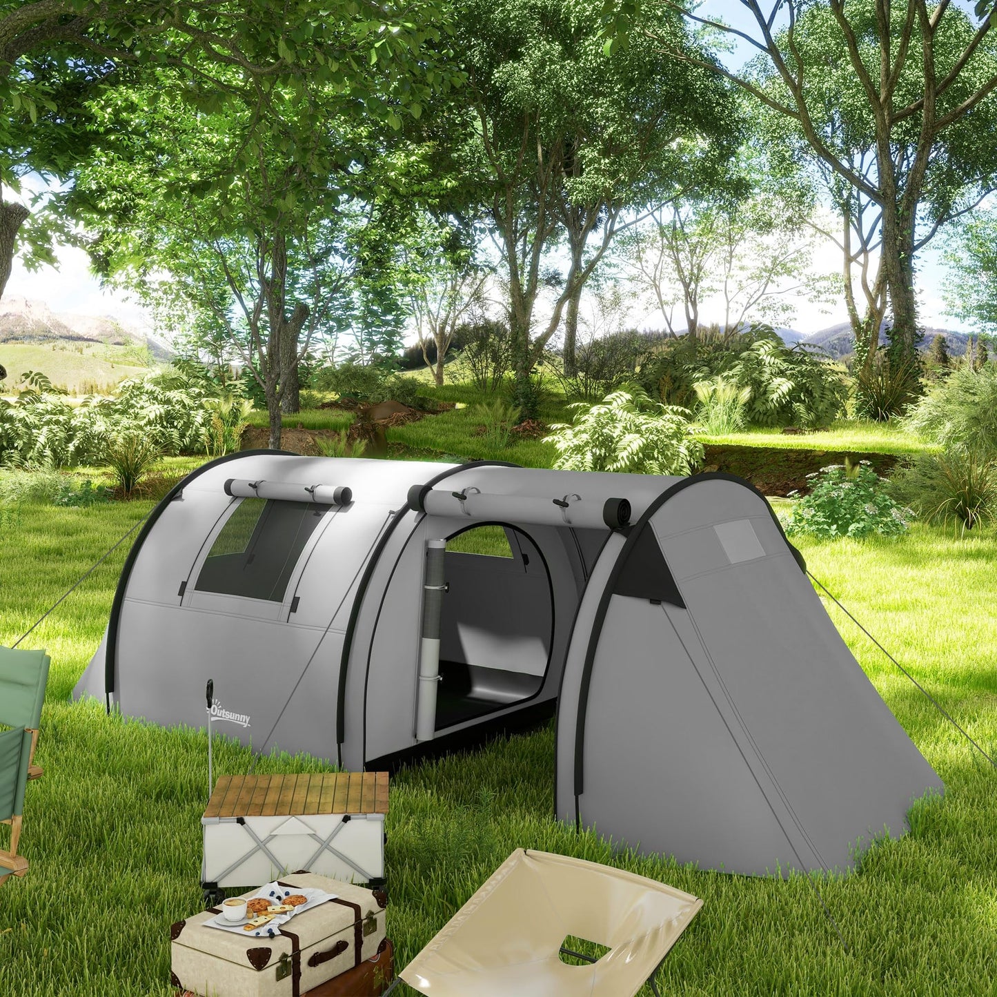 Outsunny Tienda de Campaña Familiar para 3 Personas Tienda Camping Plegable Ligera con Puertas Ventallas Gancho Bolsa de Transporte Impermeable 3000 mm para Playa Senderismo 470x220x150 cm Gris