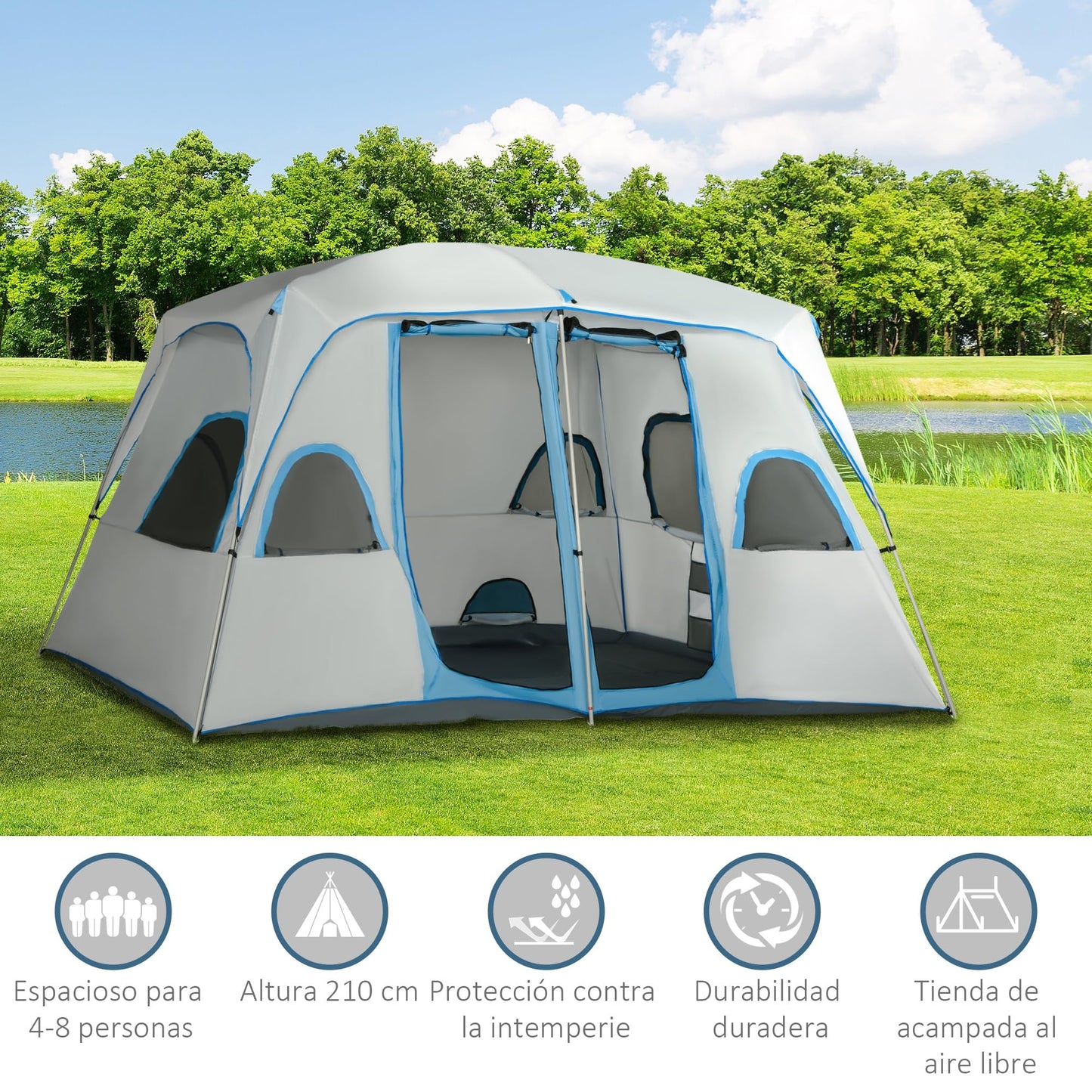 Outsunny Tienda de Campaña Familiar para 4-8 Personas con 2 Dormitorios Tienda de Camping Grande con 2 Bolsillos y Ventanas con Malla Impermeable 400x275x210 cm Gris y Azul Claro