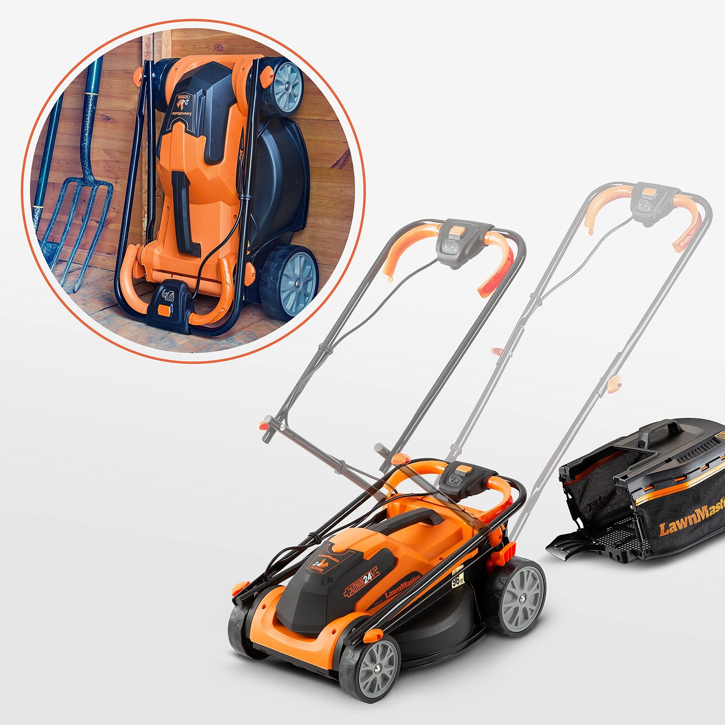 LawnMaster CLMF2434G Cortacésped con Batería 24V MAX 2x4.0Ah, 34cm hasta 300m², Altura de Corte 6 Niveles 20-70 mm, Bolsa de Recogida de 32L