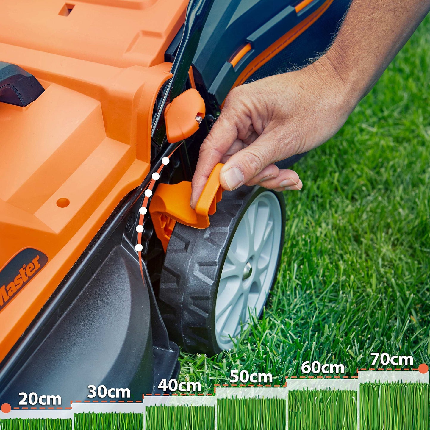 LawnMaster CLMF2434G Cortacésped con Batería 24V MAX 2x4.0Ah, 34cm hasta 300m², Altura de Corte 6 Niveles 20-70 mm, Bolsa de Recogida de 32L