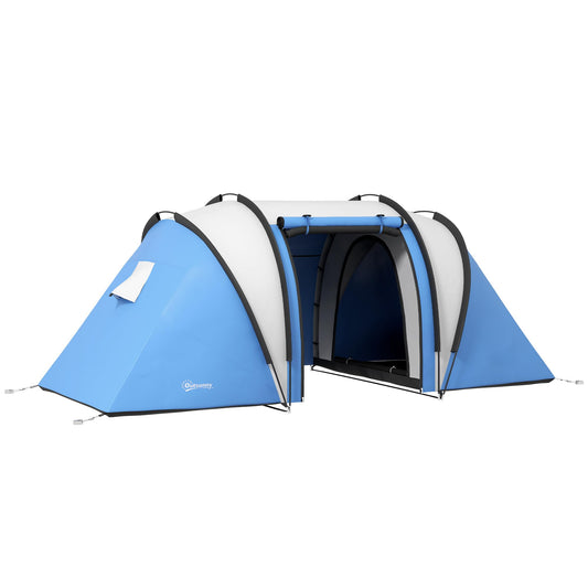 Outsunny Tienda de Campaña Familiar para 4-5 Personas Tienda de Acampada de Túnel Impermeable 3000 mm con 2 Dormitorios Bolsa de Transporte y Gancho para Pescar Senderismo Azul