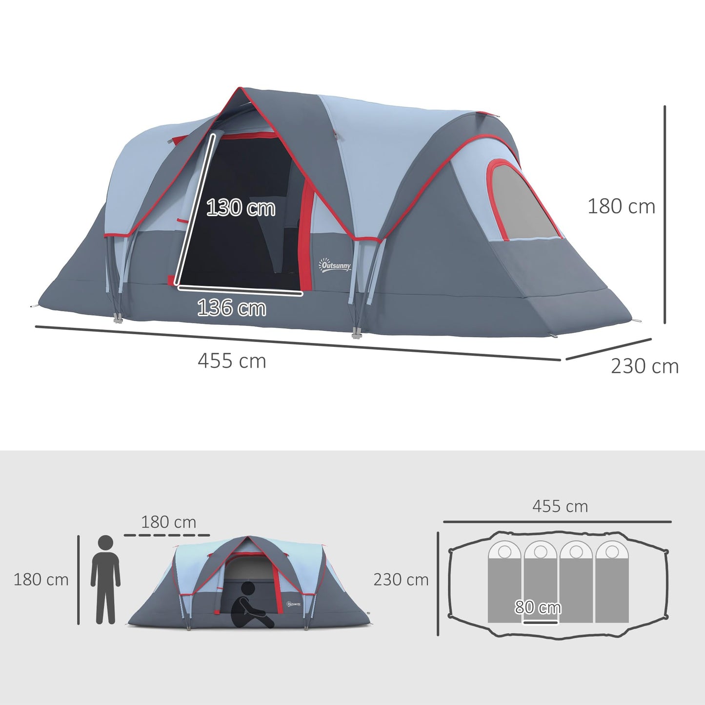 Outsunny Tienda de Campaña Familiar para 5 Personas Tienda de Acampada de Túnel Impermeable 3000mm+ Tienda de Camping con Bolsa de Transporte y Gancho para Pescar Senderismo 455x220x180 cm Gris