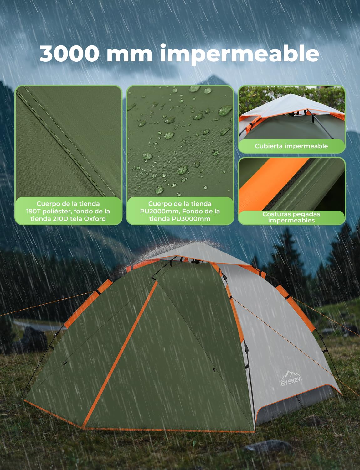 Gysrevi Tienda de Campaña 2-3 Personas, Tienda Pop Up Portátil, Tienda Instantánea con 2 en 1 Doble Capa, Anti Impermeable Viento, para Camping, Familiar, Senderismo, Mochileros