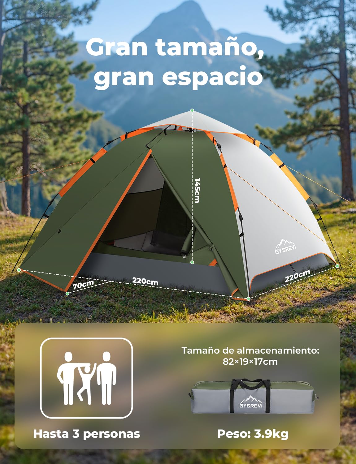 Gysrevi Tienda de Campaña 2-3 Personas, Tienda Pop Up Portátil, Tienda Instantánea con 2 en 1 Doble Capa, Anti Impermeable Viento, para Camping, Familiar, Senderismo, Mochileros