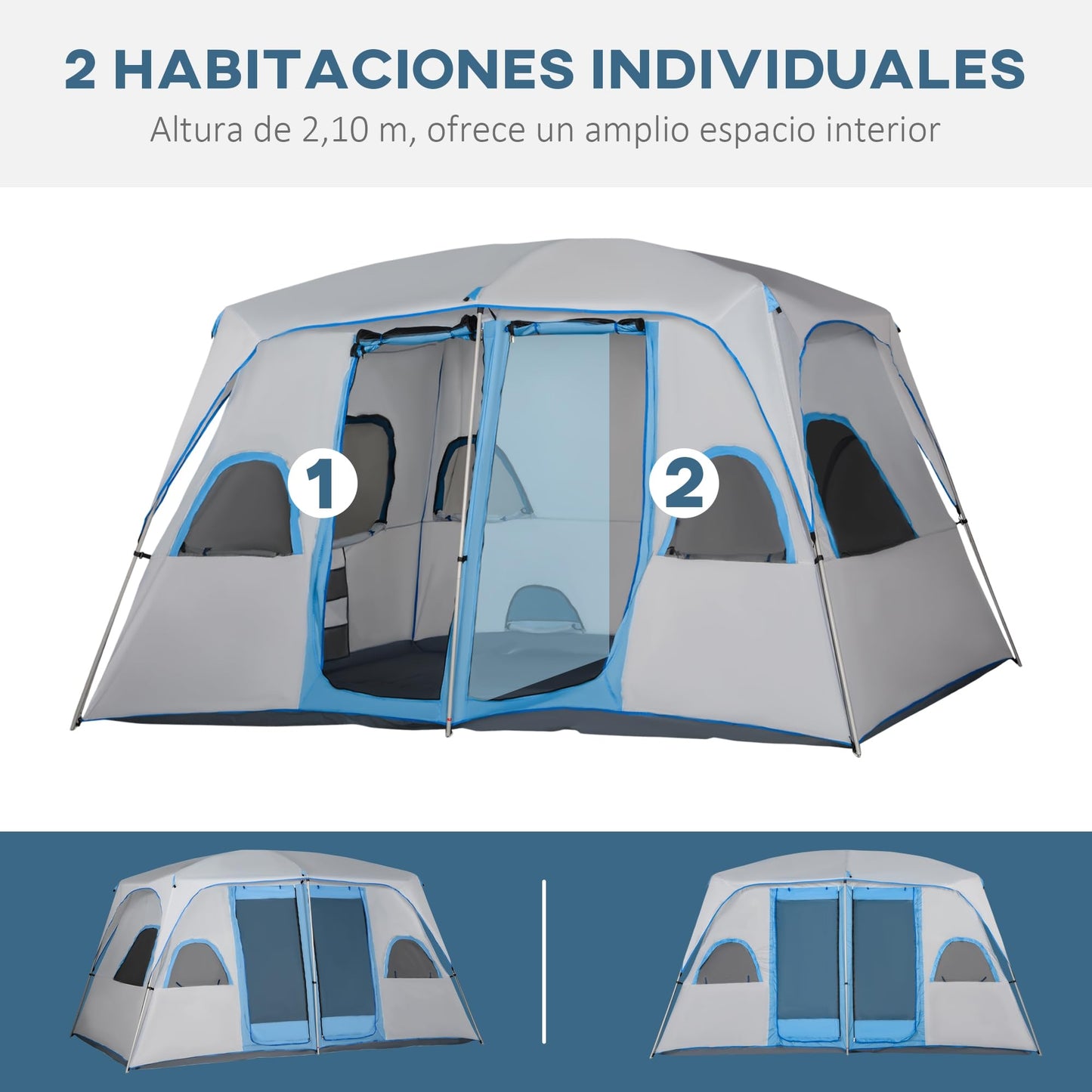 Outsunny Tienda de Campaña Familiar para 4-8 Personas con 2 Dormitorios Tienda de Camping Grande con 2 Bolsillos y Ventanas con Malla Impermeable 400x275x210 cm Gris y Azul Claro
