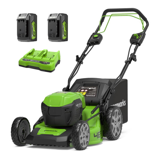 Greenworks 48V (2x24V) Cortacésped de Batería Autopropulsada, Ancho de Corte 46 cm, Bolsa de 55L MÁS Dos Baterías de 4Ah y Cargador Doble GD24X2LM46SPK4X