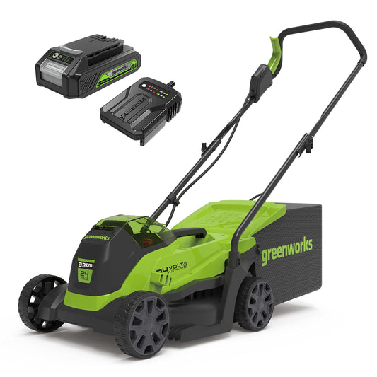 Greenworks Cortacésped de batería GD24LM33K2 (Li-Ion 24V 33cm ancho corte hasta 280m² 30L recogedor de hierba 5 veces ajuste altura corte central 25-75mm Incluye batería de 2Ah y cargador)