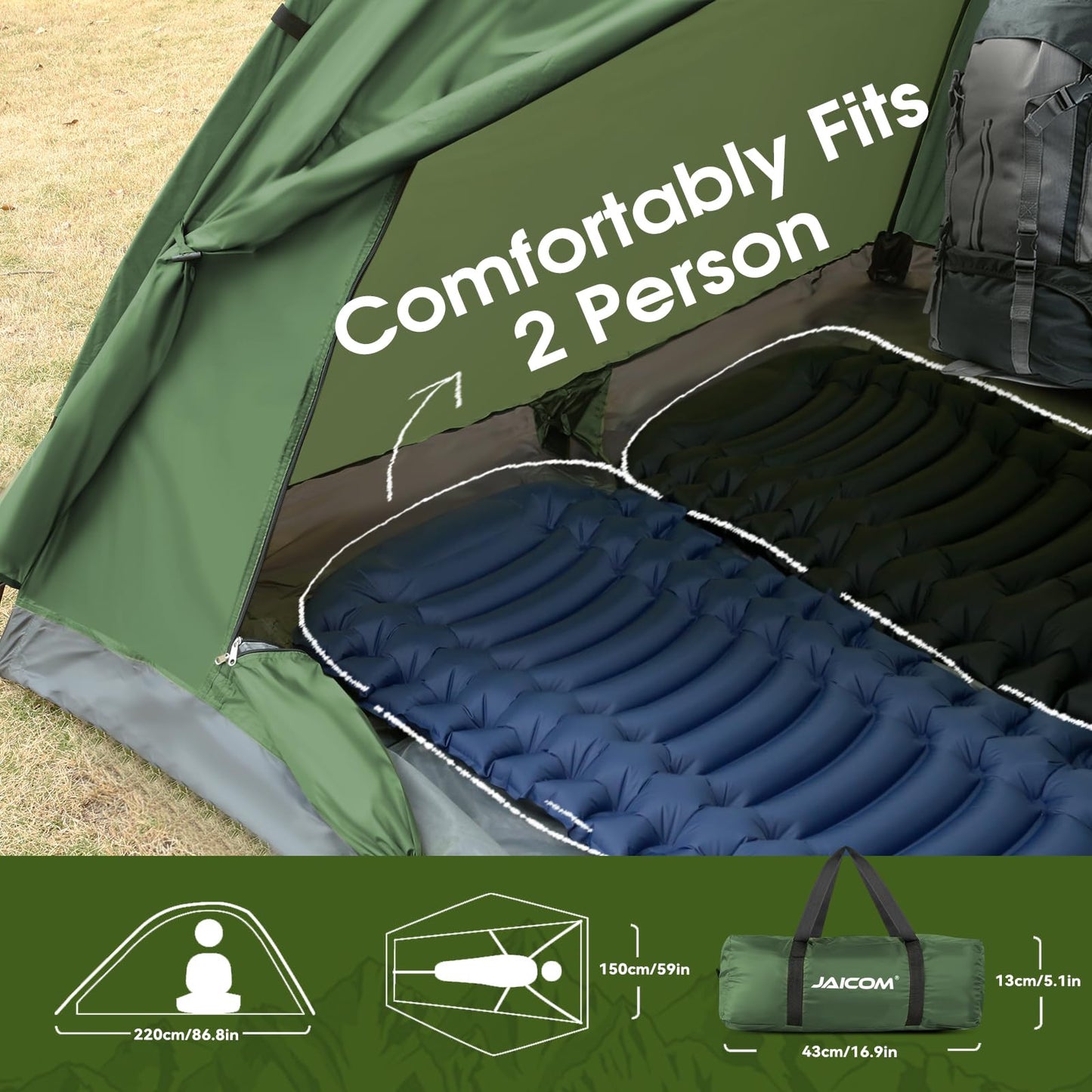 JAICOM Tienda de Campaña para 2 Persona, Tiendas iglú Ultraligera e Impermeable, Fácil de Montar Doble Capa Tienda Campaña, para Senderismo, Escalada al Aire Libre, Camping, Playa, Familia