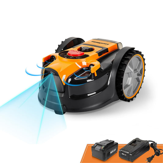 LawnMaster VBRM16 OcuMow™ Robots cortacéspedes eléctrico para Jardines de 100 m² Corte 20-60 mm,Pendiente de 35% con batería de Iones de Litio MX 24V 4.0Ah y Cargador rápido