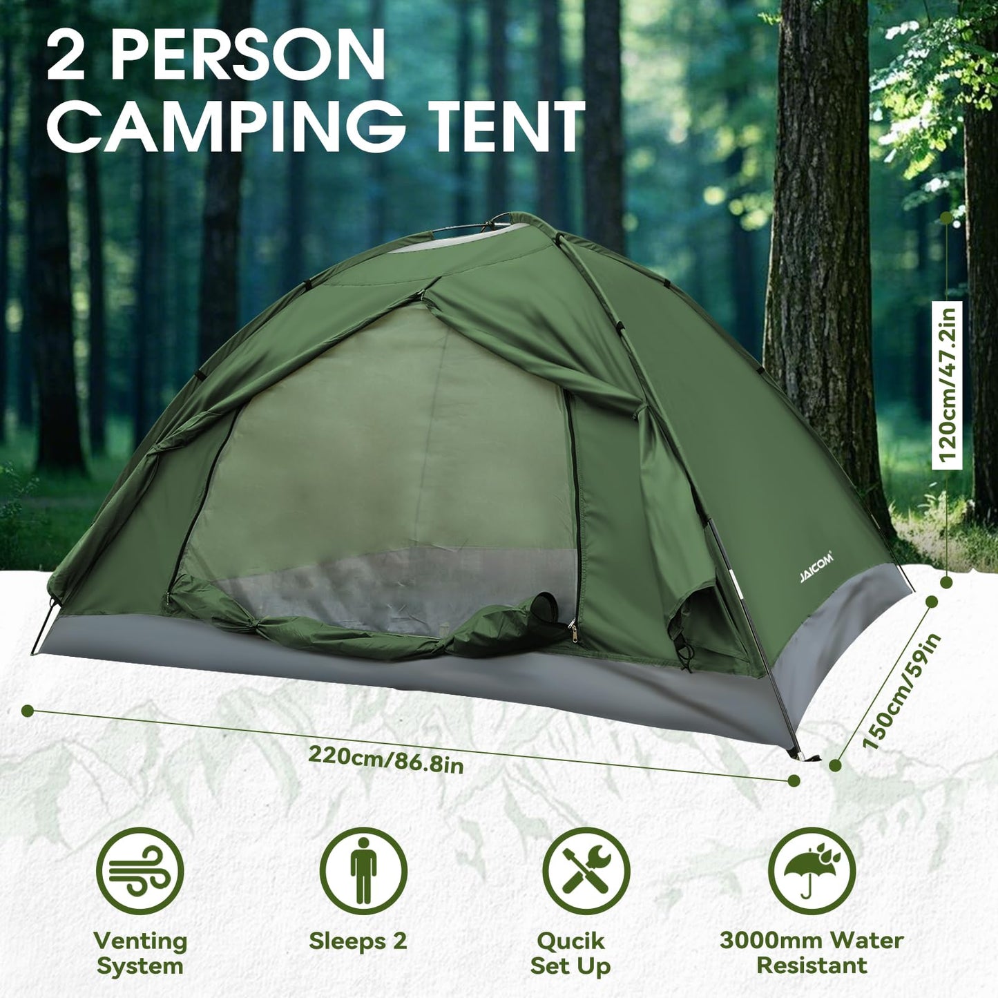 JAICOM Tienda de Campaña para 2 Persona, Tiendas iglú Ultraligera e Impermeable, Fácil de Montar Doble Capa Tienda Campaña, para Senderismo, Escalada al Aire Libre, Camping, Playa, Familia
