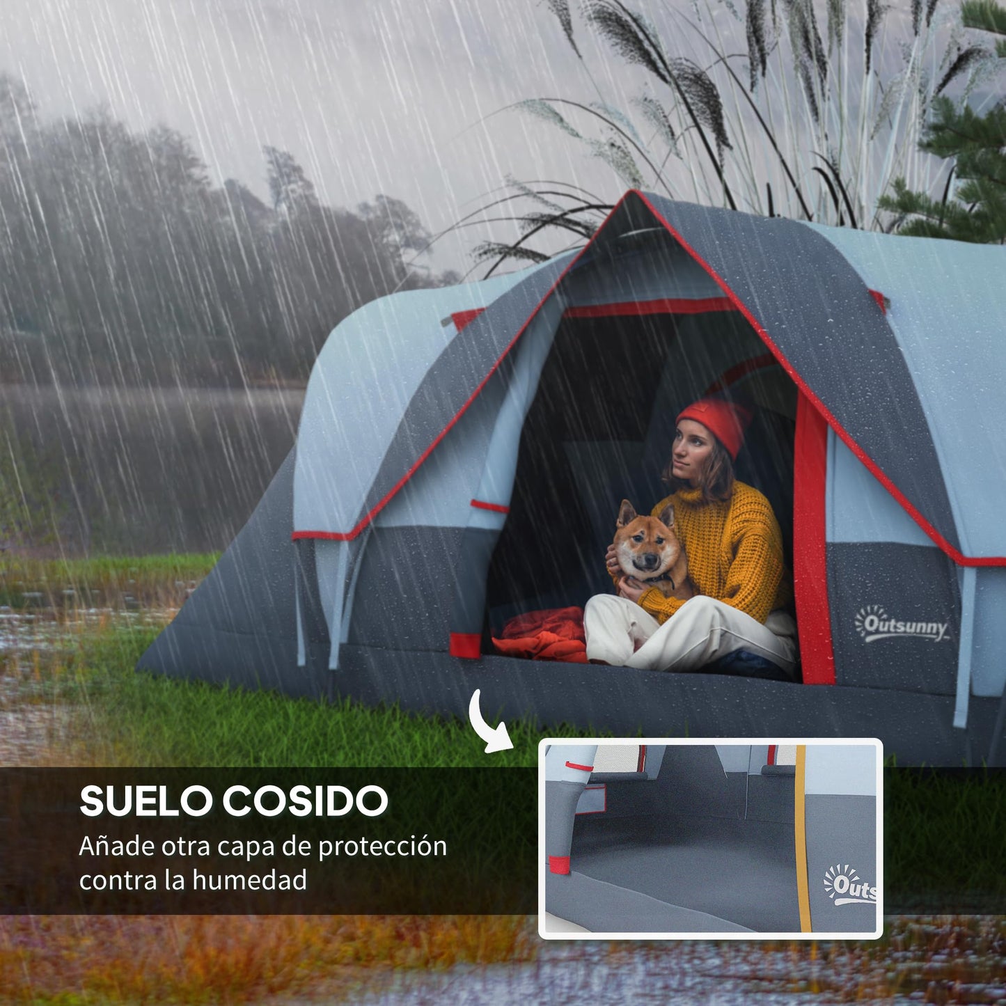 Outsunny Tienda de Campaña Familiar para 5 Personas Tienda de Acampada de Túnel Impermeable 3000mm+ Tienda de Camping con Bolsa de Transporte y Gancho para Pescar Senderismo 455x220x180 cm Gris