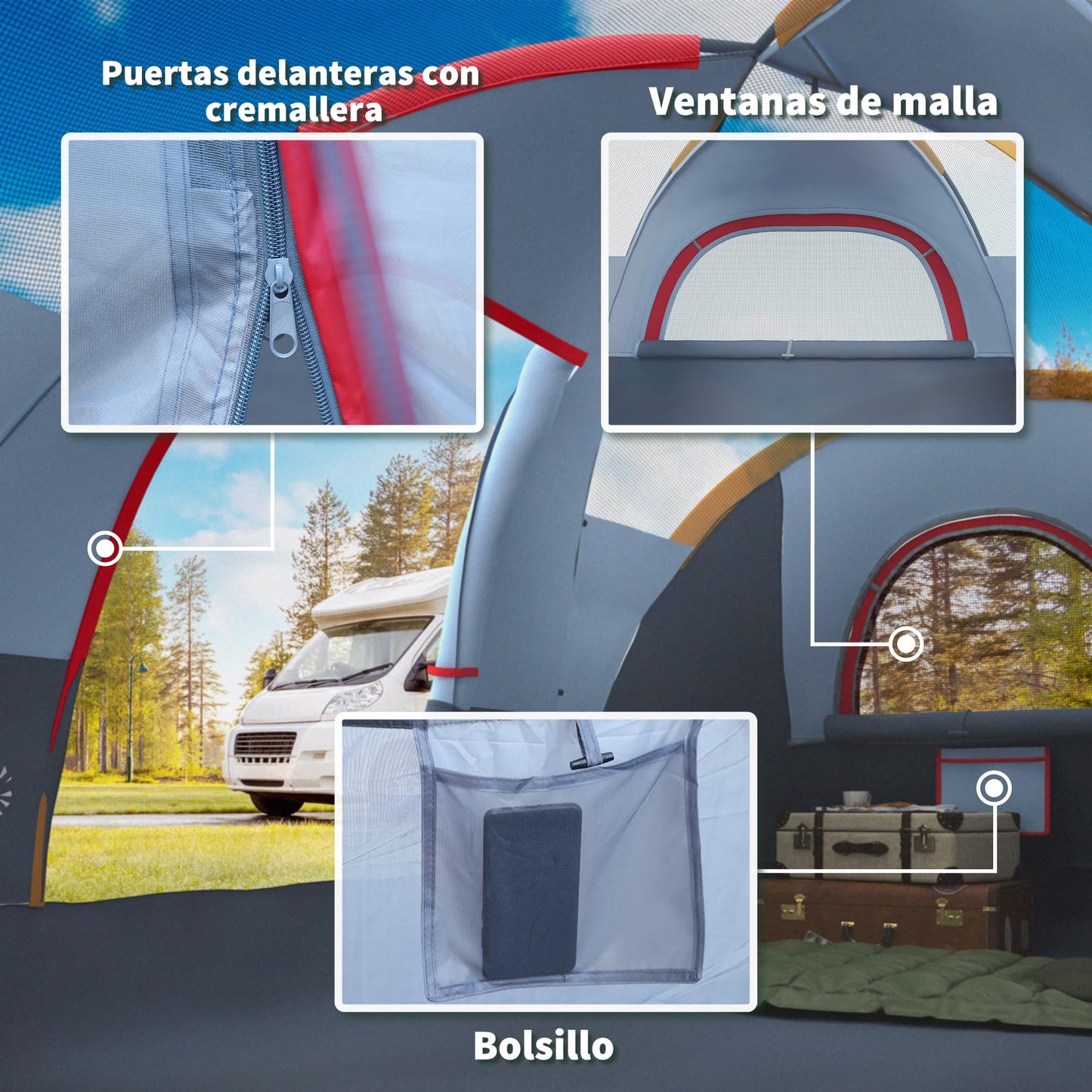 Outsunny Tienda de Campaña Familiar para 5 Personas Tienda de Acampada de Túnel Impermeable 3000mm+ Tienda de Camping con Bolsa de Transporte y Gancho para Pescar Senderismo 455x220x180 cm Gris