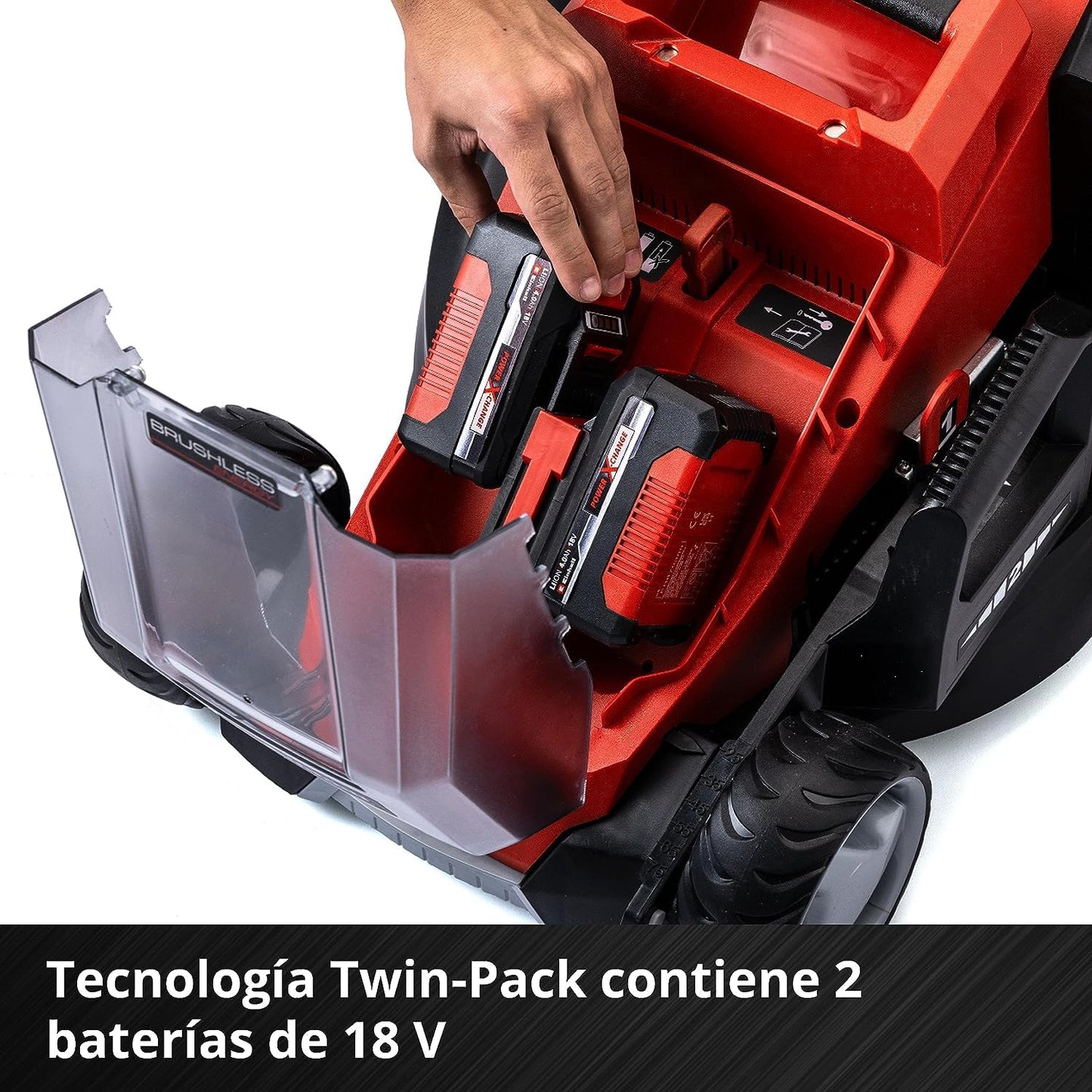 Einhell Cortacésped a batería GE-CM 36/36 Li Kit Power X-Change (36V, 36cm ancho de corte, hasta 400 m², Brushless, 40L bolsa recolectora, 25-75 mm altura de corte, con 2x4,0 Ah batería y 2x cargador)