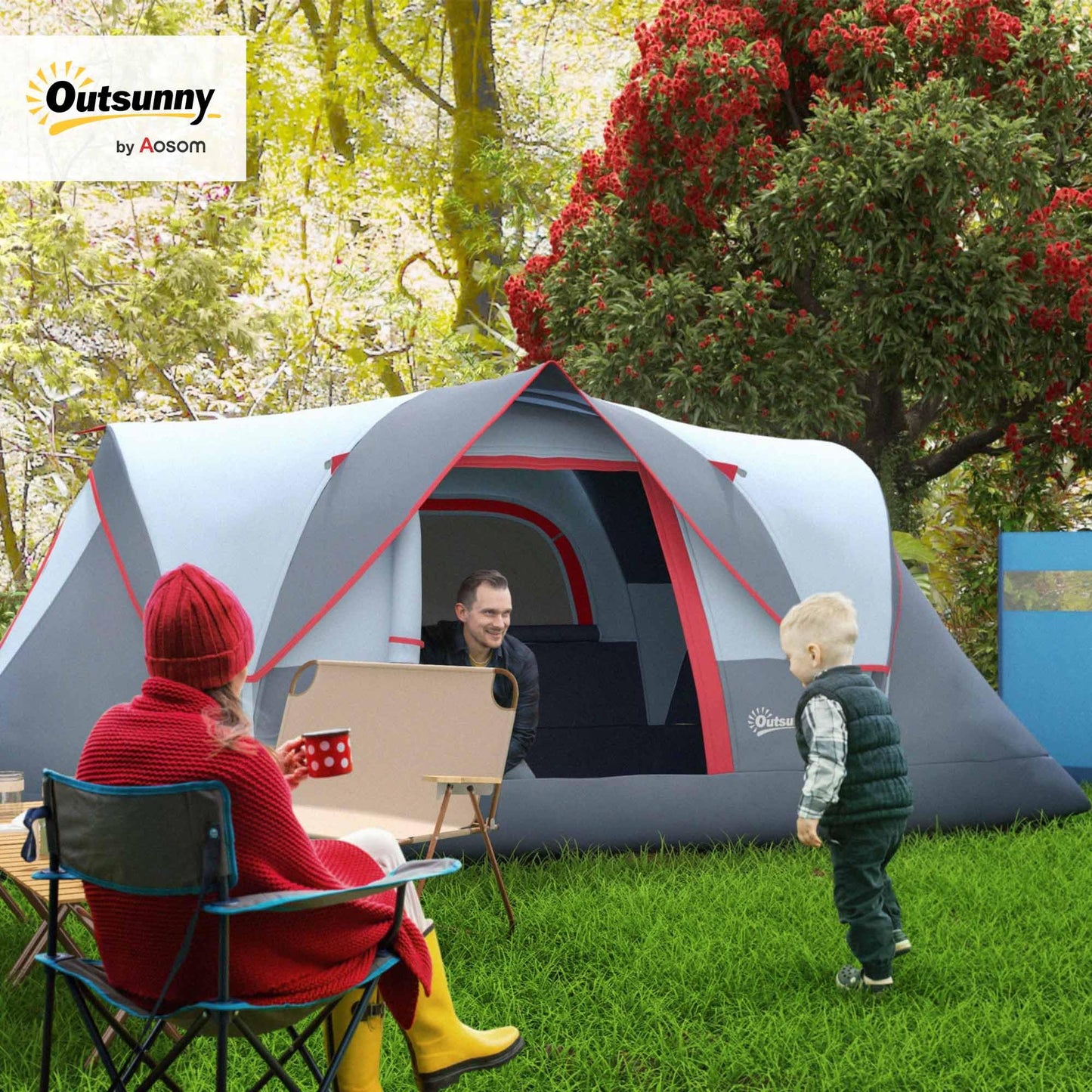 Outsunny Tienda de Campaña Familiar para 5 Personas Tienda de Acampada de Túnel Impermeable 3000mm+ Tienda de Camping con Bolsa de Transporte y Gancho para Pescar Senderismo 455x220x180 cm Gris