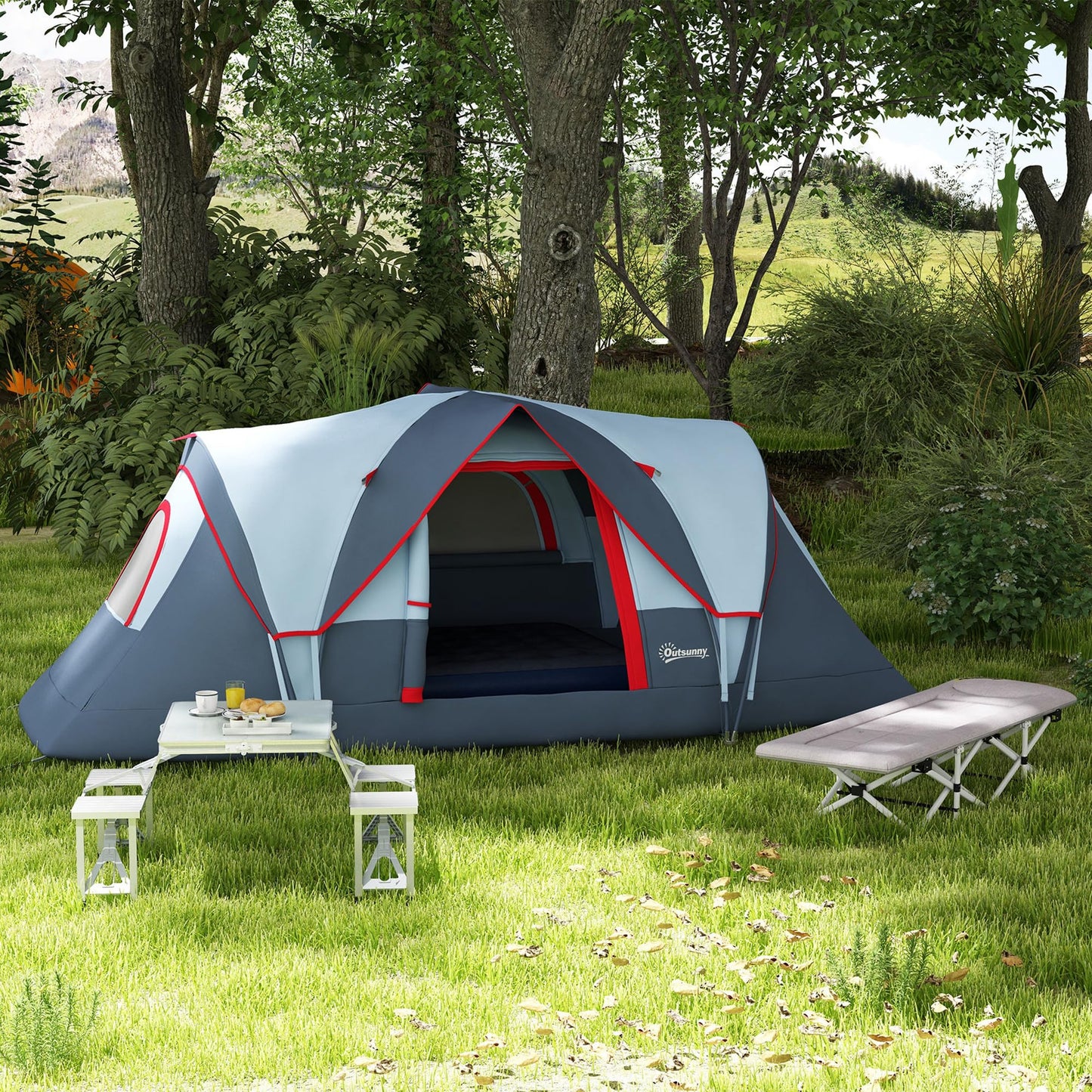 Outsunny Tienda de Campaña Familiar para 5 Personas Tienda de Acampada de Túnel Impermeable 3000mm+ Tienda de Camping con Bolsa de Transporte y Gancho para Pescar Senderismo 455x220x180 cm Gris