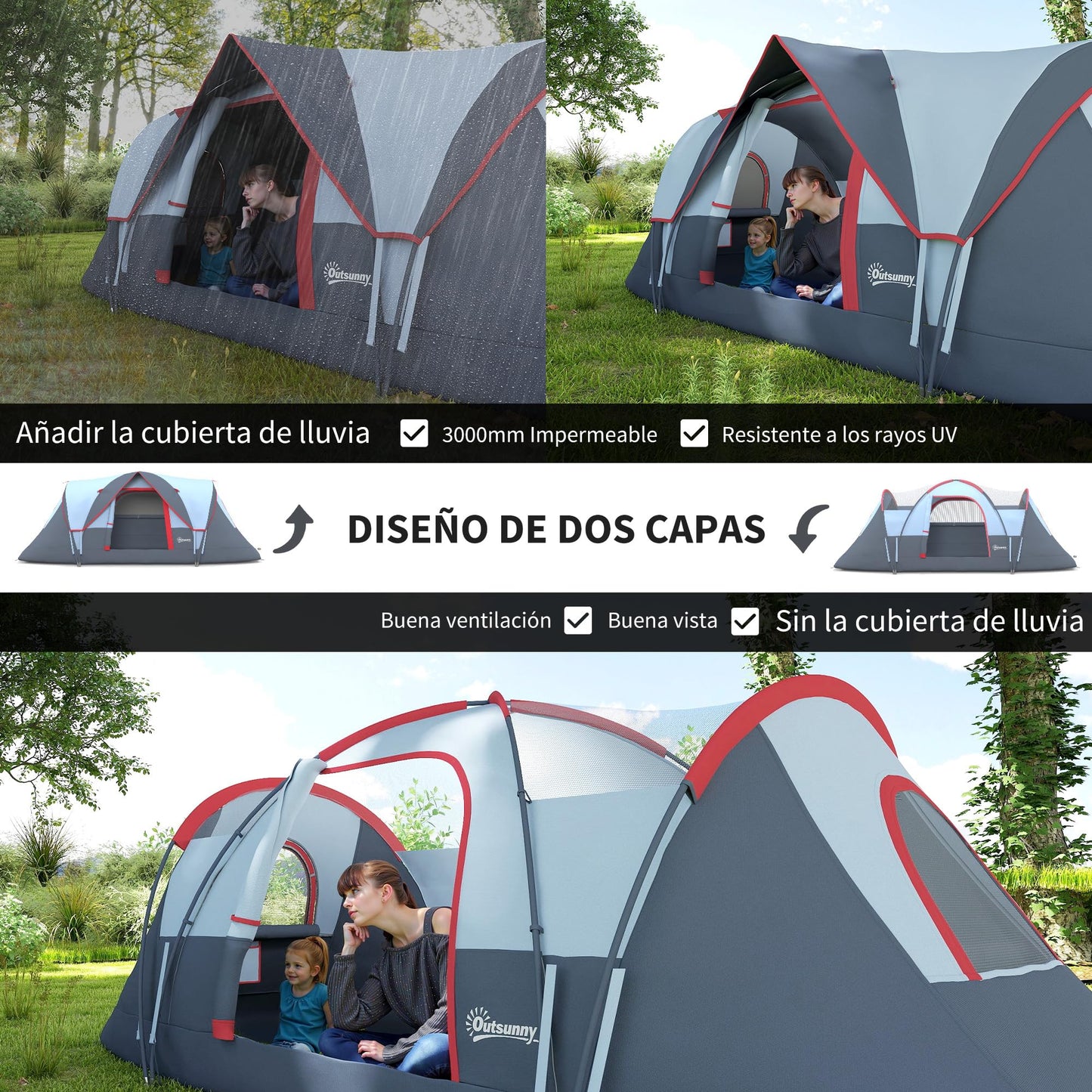 Outsunny Tienda de Campaña Familiar para 5 Personas Tienda de Acampada de Túnel Impermeable 3000mm+ Tienda de Camping con Bolsa de Transporte y Gancho para Pescar Senderismo 455x220x180 cm Gris